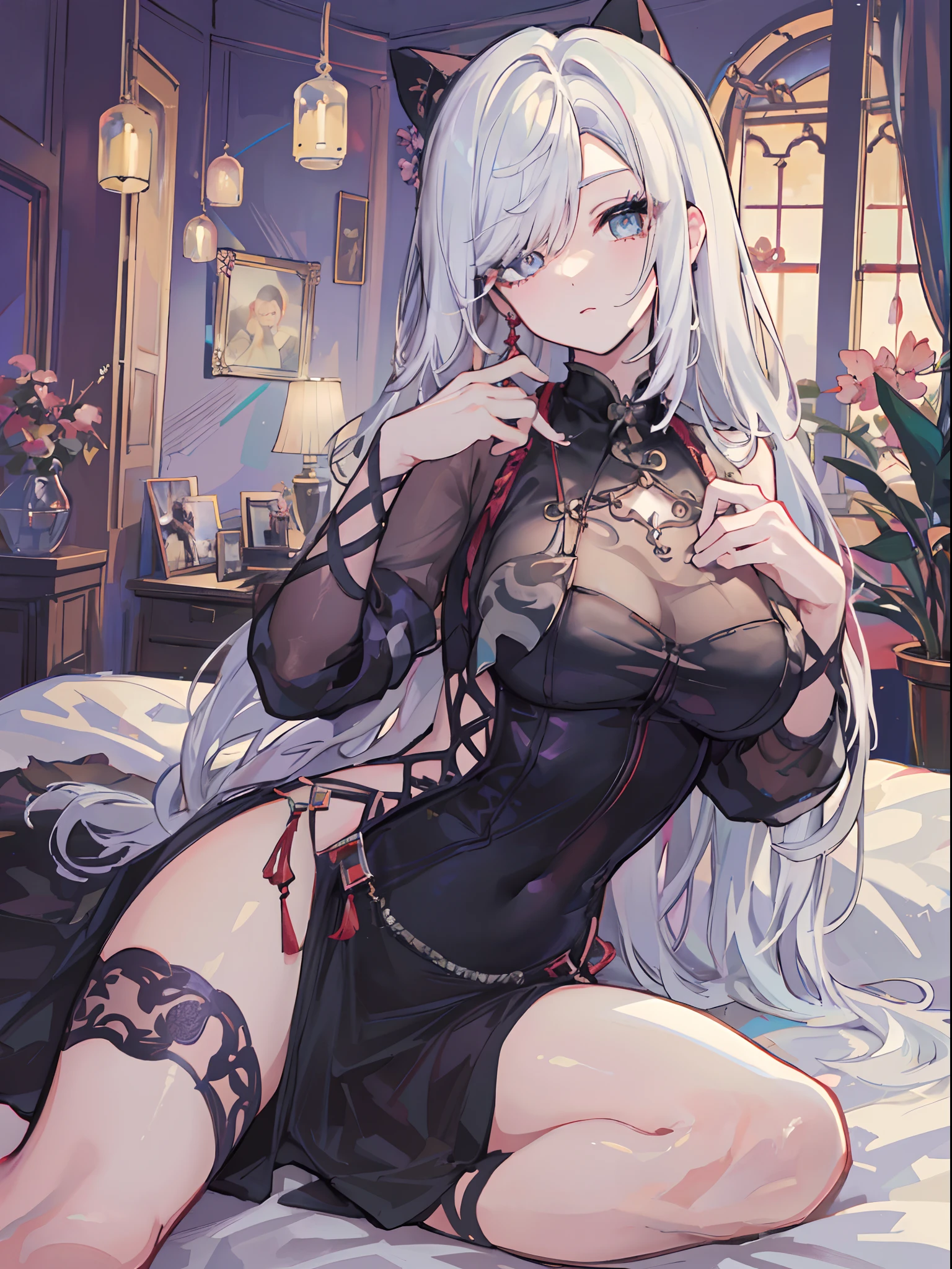 ((beautiful lighting, Best quality, 8K, Masterpiece: 1.3)), 1girl, Perfect body beauty, ((white hair)), ((black dress: 1.4)), (Indoor , night: 1.1), sexy pose (lie on the bed), Super Fine Face, Fine Eyes, naughty look