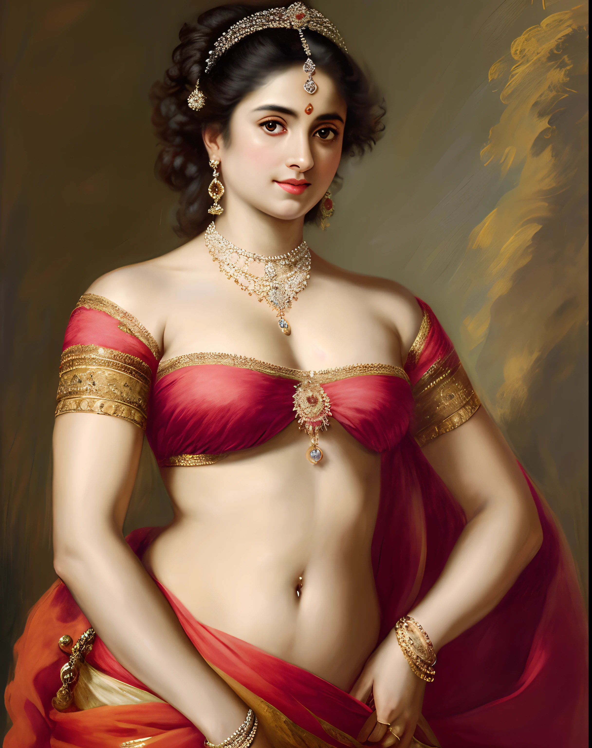 Indian princess, Rajkanya, royal clothes, Masterpiece, portrait, Woman, off shoulder bandeau crop blouse, middle ages, classicism, andrey atroshenko style, painting, traditional media, realistic, figurative, fine art, detailed Art, oil on canvas, HDR, 8K, original character, high resolution, high detail, focus on the face, intricate, flawless, fluffy hair, Peter Paul Rubens style, By Peter Paul Rubens