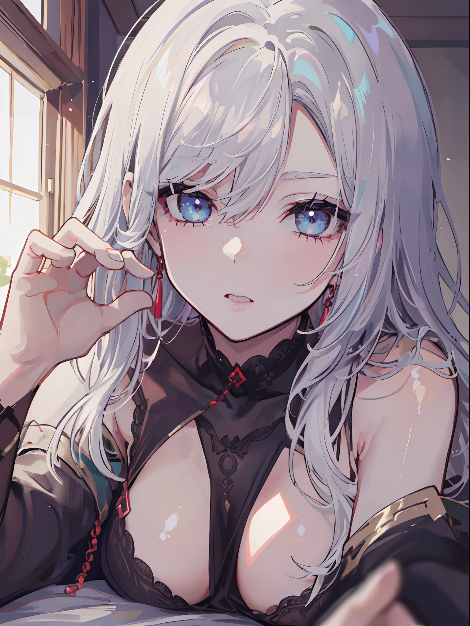 ((beautiful lighting, Best quality, 8K, Masterpiece: 1.3)), 1girl, Perfect body beauty, ((white hair)), ((black dress: 1.4)), (Indoor , night: 1.1), sexy pose (lie on the bed), Super Fine Face, Fine Eyes, naughty look