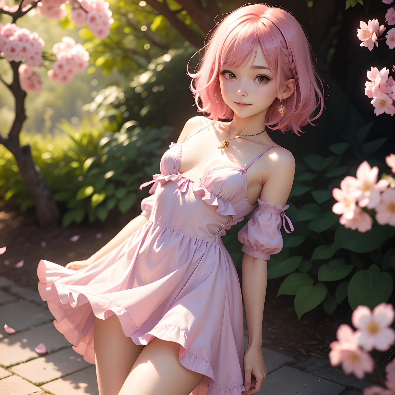 One girl in a pink dress, Realistic, (Looking at Viewer:1), (ulzzang-6500:0.66), Thin thighs, Bare legs, Skinny Legs,Dappled sunlight, Best Quality, 超A high resolution, (Photorealistic:1.4), Yaemiko, Short hair, Pink hair, Yae_Sakura, Jewelry, cherryblossom, (Smile:1), Bare_shoulders, hair_ornament detached, Purple_Eyes, , Detached_sleeves, , Detailed eyes,, (lightsmile:1), , (Small breasts:1.4), (puffy niples:1),, arms behind back,fuffy dress,