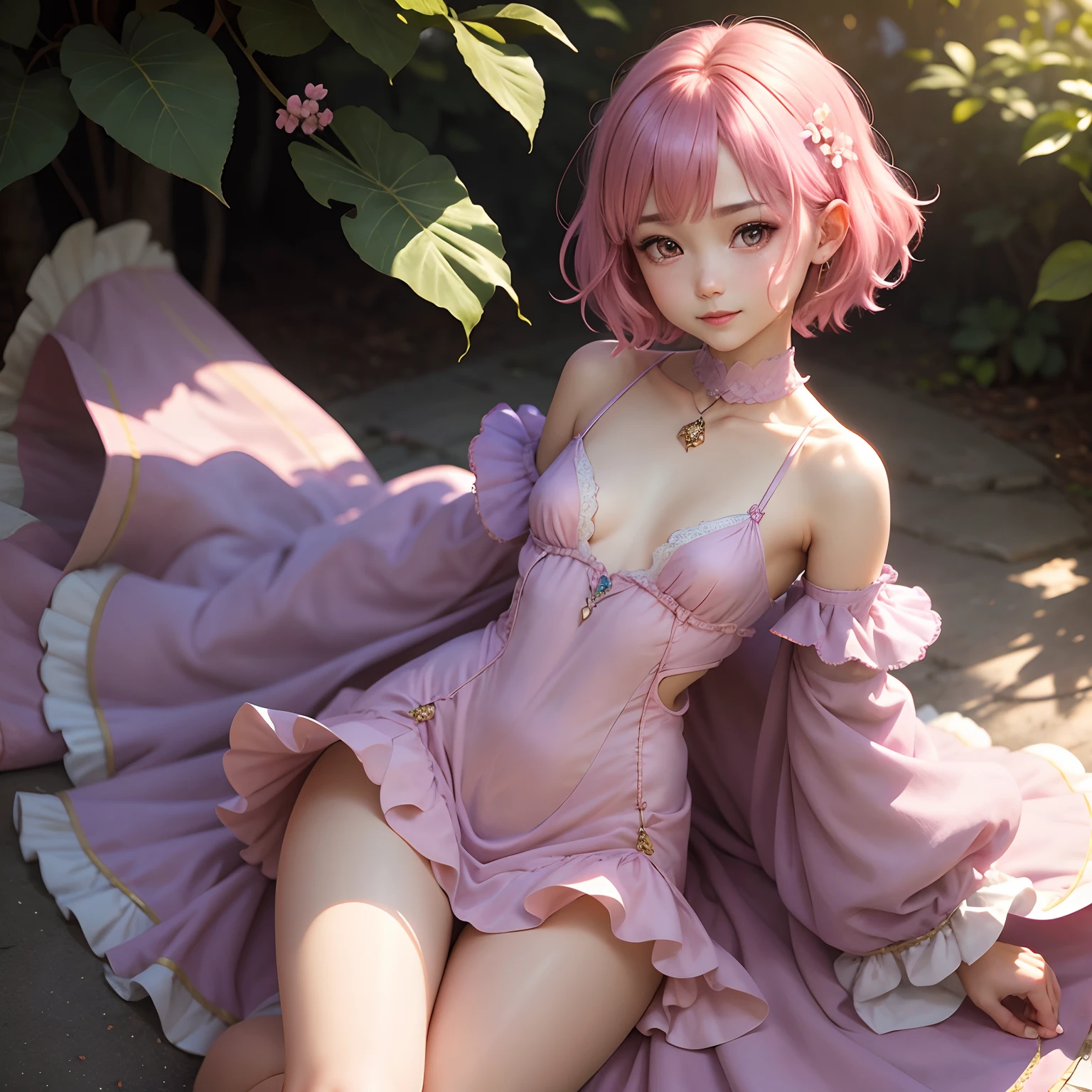 One girl in a pink dress, Realistic, (Looking at Viewer:1), (ulzzang-6500:0.66), Thin thighs, Bare legs, Skinny Legs,Dappled sunlight, Best Quality, 超A high resolution, (Photorealistic:1.4), Yaemiko, Short hair, Pink hair,  Yae_Sakura, Jewelry, cherryblossom, (Smile:1), Bare_shoulders, hair_ornament detached, Purple_Eyes,  , Detached_sleeves, , Detailed eyes,, (lightsmile:1), , (Small breasts:1.4), (puffy niples:1),, arms behind back,fuffy dress,