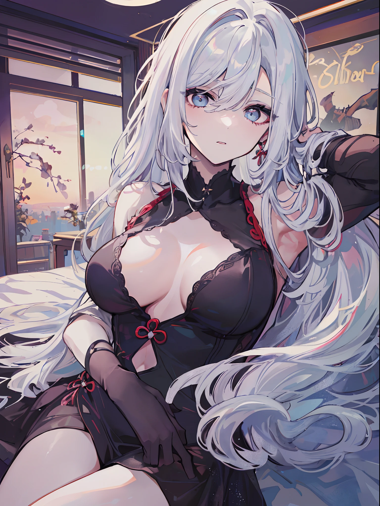 ((beautiful lighting, Best quality, 8K, Masterpiece: 1.3)), 1girl, Perfect body beauty, ((white hair)), ((black dress: 1.4)), (Indoor , night: 1.1), sexy pose (lie on the bed), Super Fine Face, Fine Eyes, naughty look