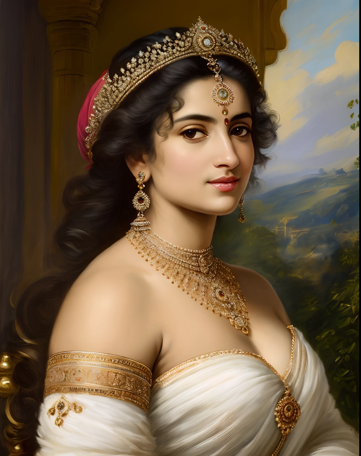 Best quality, highly detailed, masterpiece, Indian princess, Rajkanya, royal clothes, Masterpiece, extremely gorgeous woman, matchless Beauty, portrait, Peter Paul Rubens style, Woman, off shoulder bandeau crop blouse, middle ages, classicism, andrey atroshenko style, painting, long hair, styled hair, traditional media, realistic, figurative, fine art, detailed Art, oil on canvas, HDR, 8K, original character, high resolution, high detail, focus on the face, intricate, flawless, fluffy hair, Peter Paul Rubens style, By Peter Paul Rubens, sharp picture, avoid crown or mukut in picture,