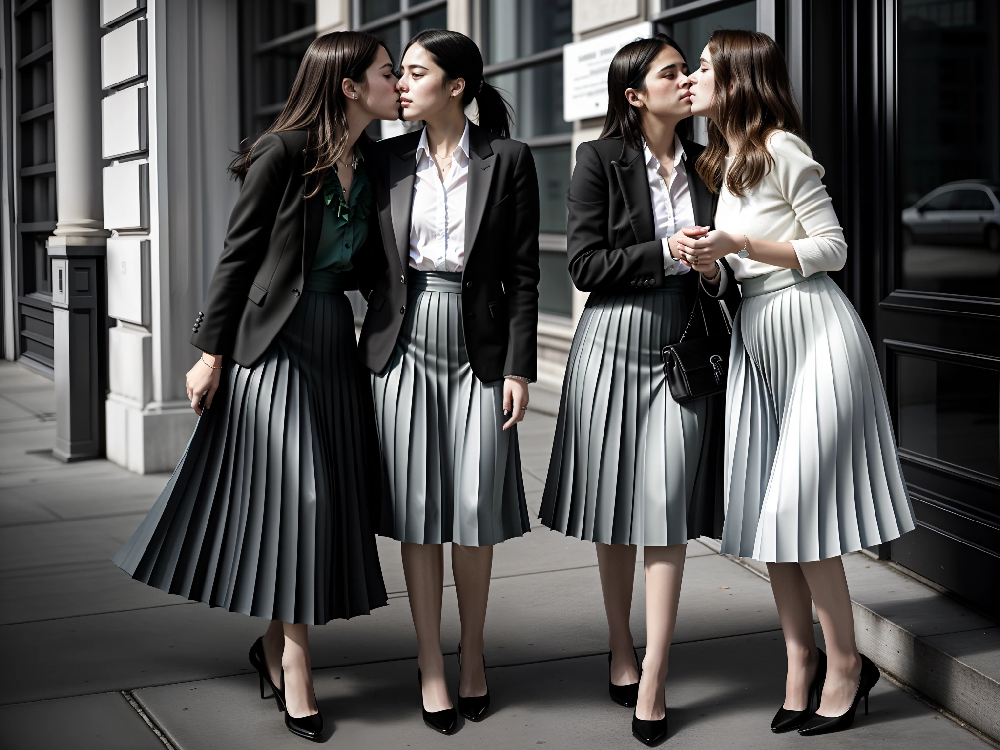 lesbian young girls wearing short blazers and very very detailed (long (fully pleated) full circle skirts) and (simple) low heeled office shoes, very very intricate hyper-detailed symmetric (attractive graceful young feminine faces) with (sad, tired eyes and a shy smiles), large breasts, full of empathy and compassion and love, (pronounced (feminine) features), (highly detailed ultra accurate realistic) hands and fingers, passionate kissing, (windy conditions and wind blowing), epic composition, highly detailed attributes, highly detailed atmosphere,