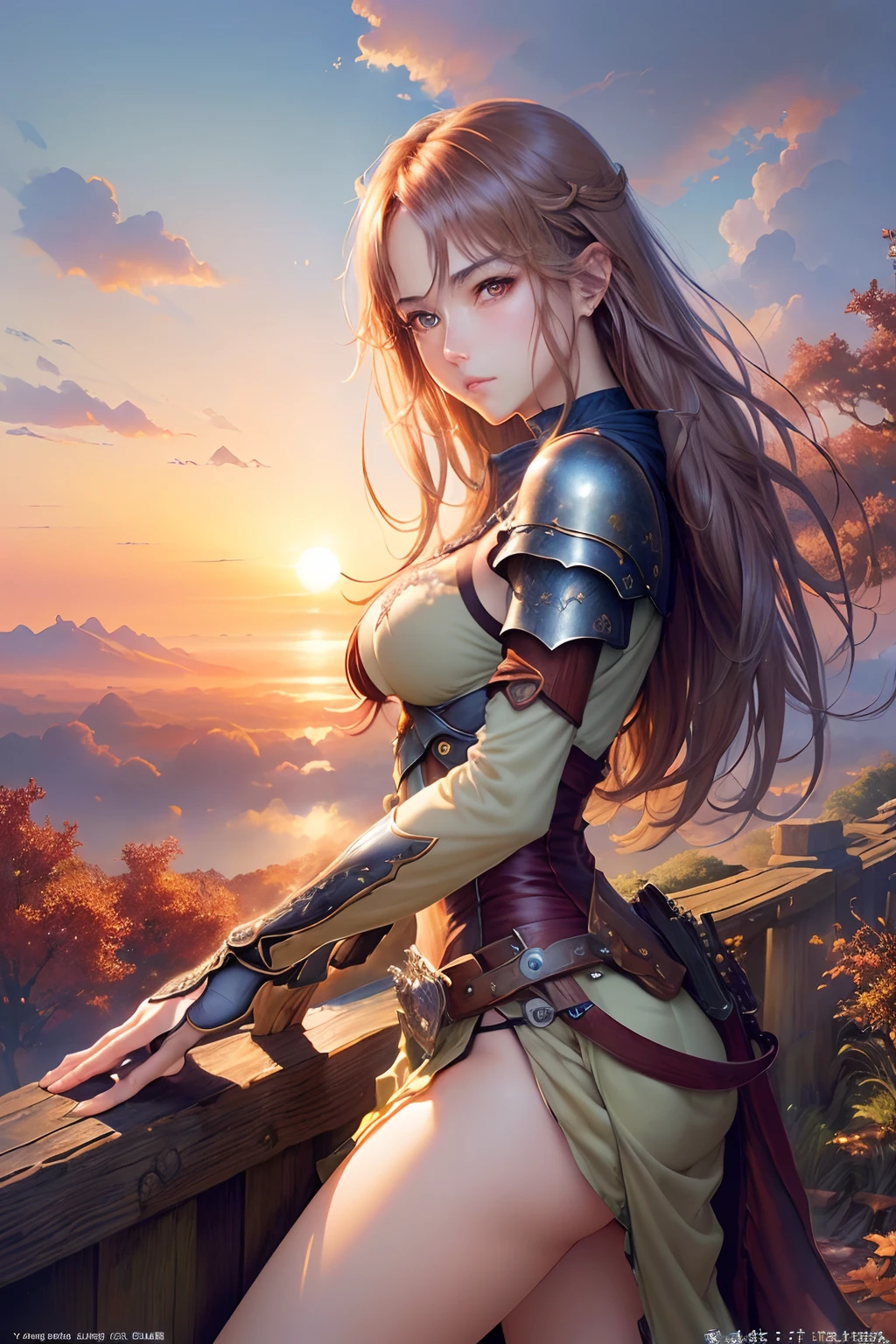 ((top-quality))、((masterpiece))、(detaileds)、Ash green,Long,active,Aimei,(fantasy illustrations:1.3)、a captivating gaze、Autumn sky、 (by Luis Royo:1.2)、(Yoshitaka Amano:1.1)、the setting sun、soft colors、(Detailed cloudscape:1.3)、(hight resolution:1.2)