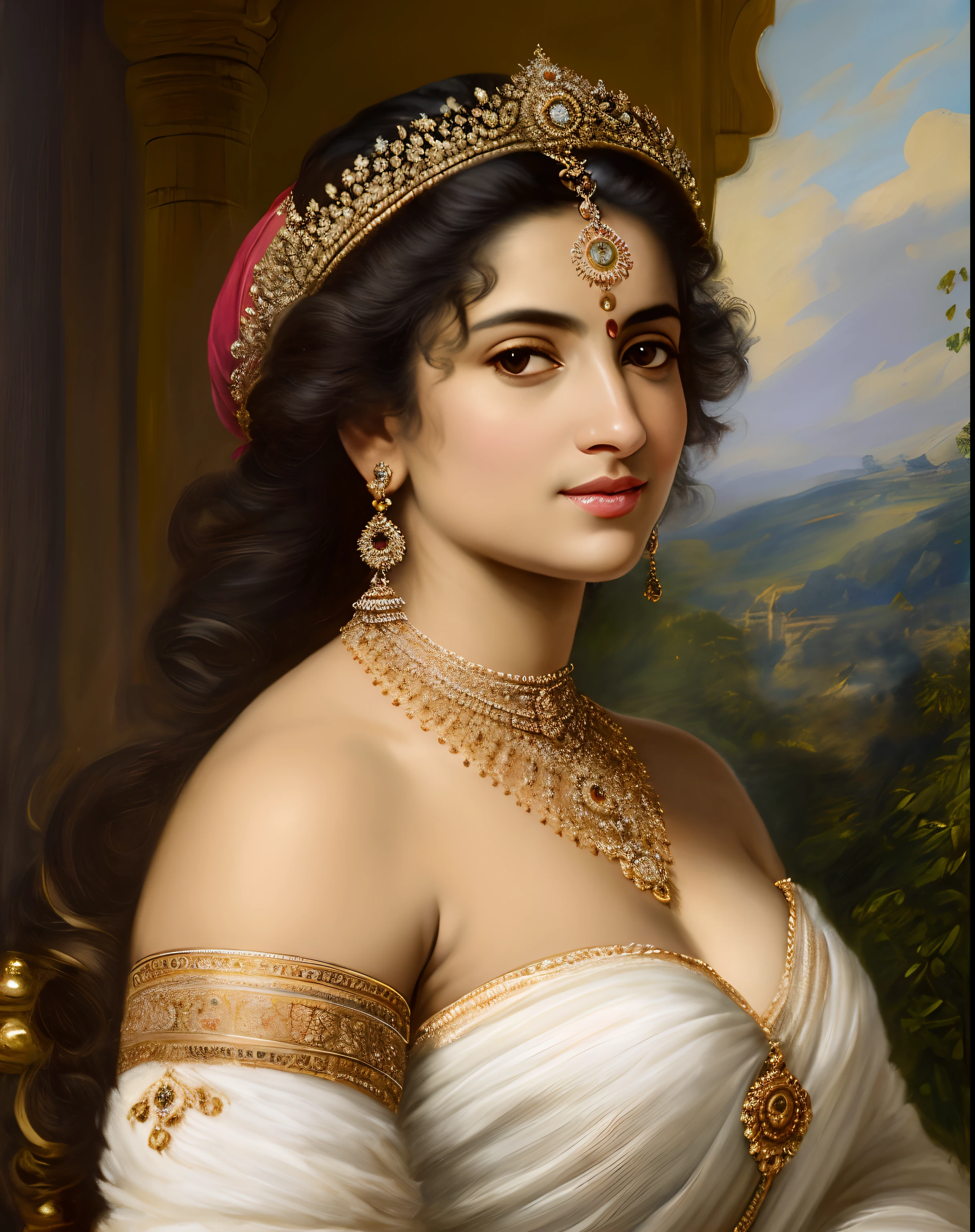 Indian princess, Rajkanya, royal clothes, Masterpiece, extremely gorgeous woman, matchless Beauty, portrait, Woman, off shoulder bandeau crop blouse, middle ages, classicism, andrey atroshenko style, painting, long hair, styled hair, traditional media, realistic, figurative, fine art, detailed Art, oil on canvas, HDR, 8K, original character, high resolution, high detail, focus on the face, intricate, flawless, fluffy hair, Peter Paul Rubens style, By Peter Paul Rubens