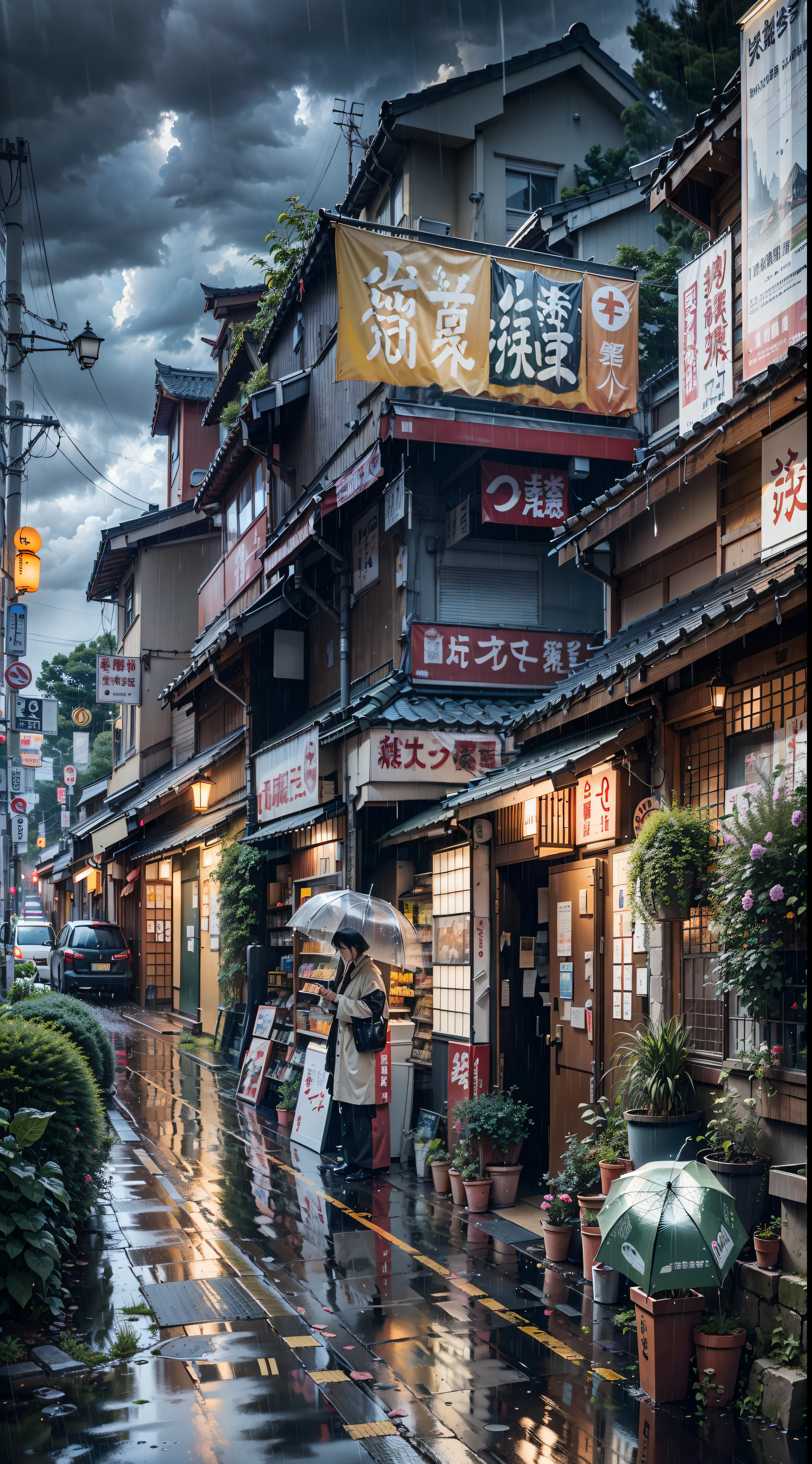 japan, Japanese street, overlooking city, modern Japanese architecture, Japanese style buildings, Japanese convenience store, Japanese shop signs, Japanese signs, plant pots, (no one: 1), no people, no one in sight, no cars, no vechiles, rain, raining, heavy rainfall, wet, puddles, dramatic rain, dramatic rain, heavy rain, lots of rain, rain drops, rain falling, rain drops falling, gloomy weather, emerging sun through clouds, storm