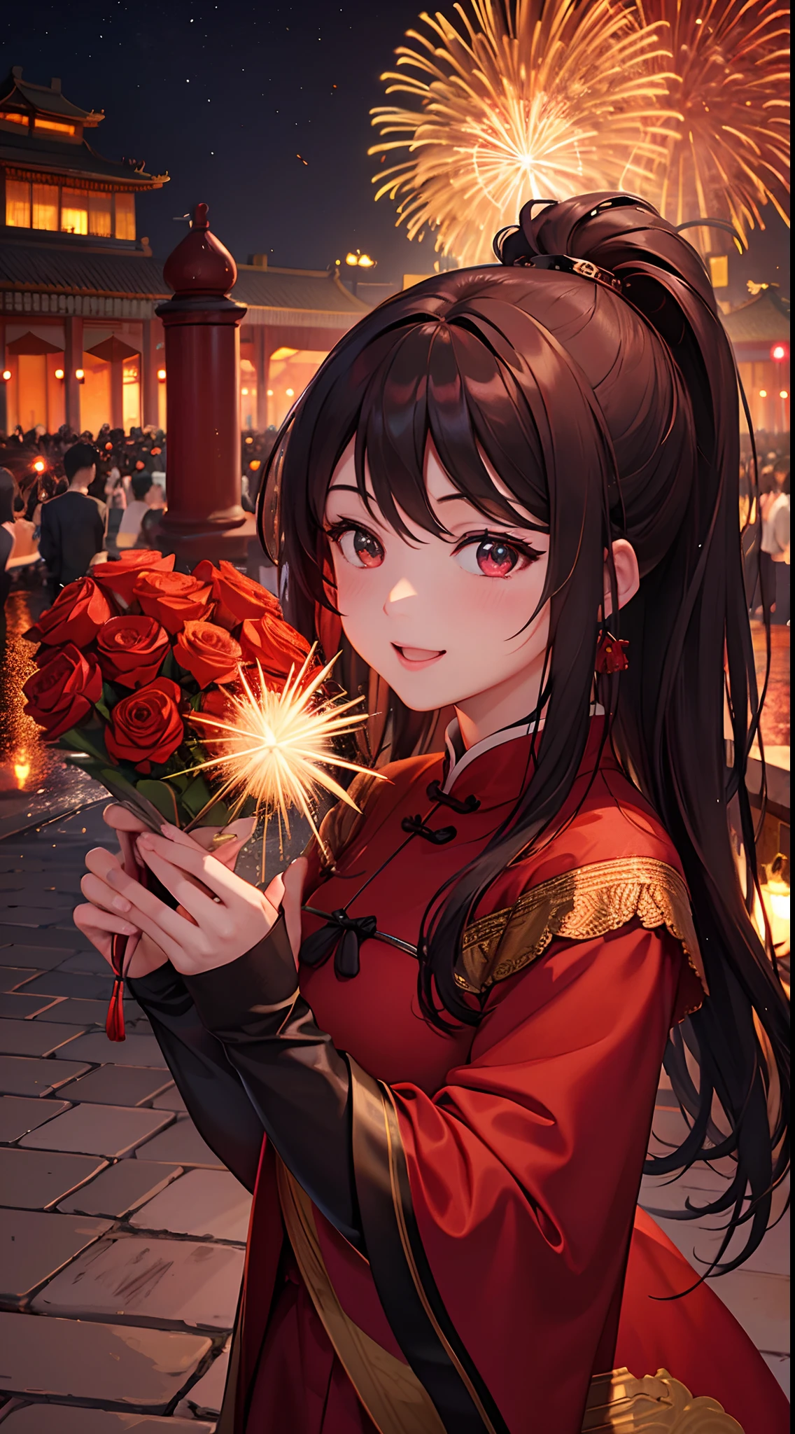 Moon Night,beijing,fire works,Red flower light,Happy people,4K HD night view