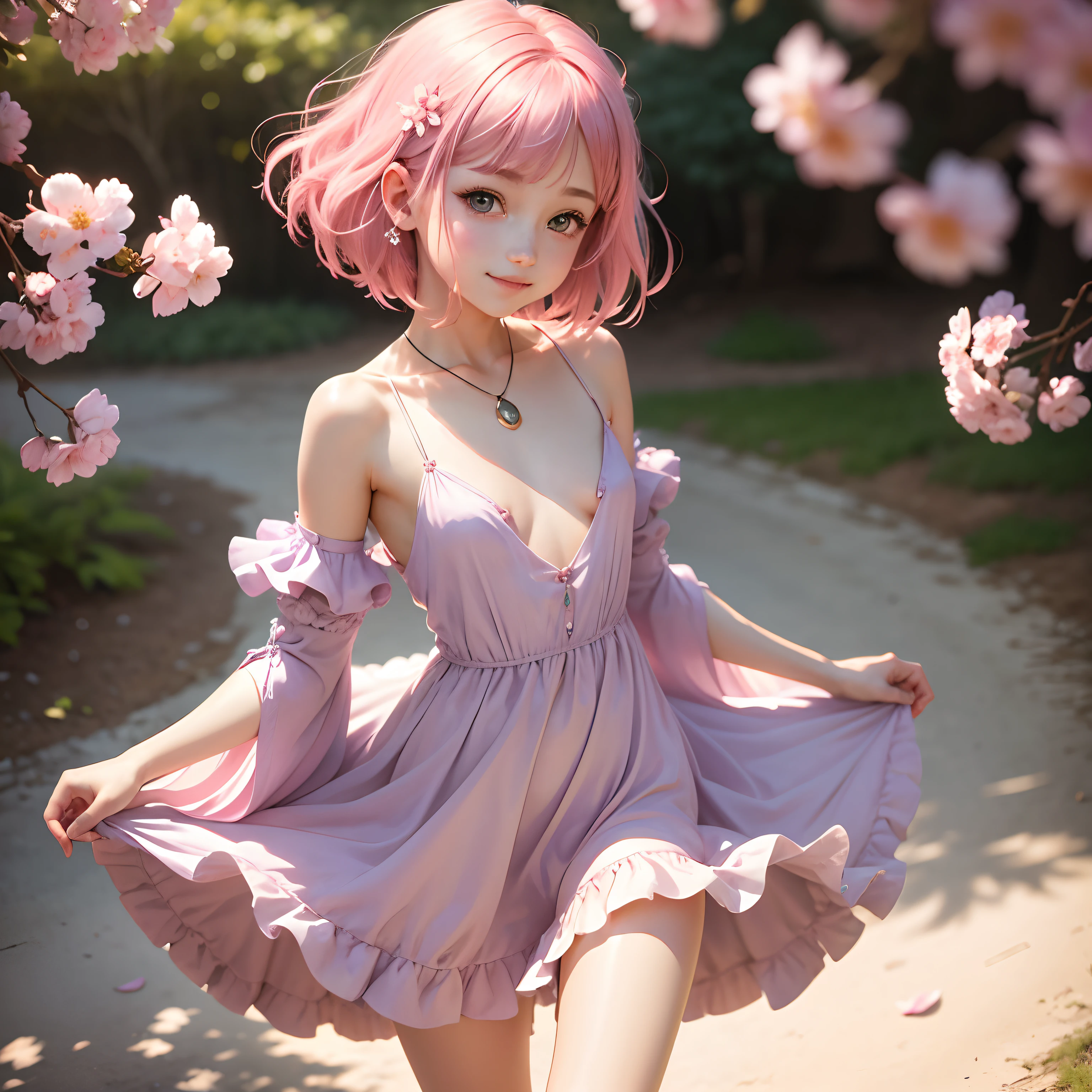 One girl in a pink dress, Realistic, (Looking at Viewer:1), (ulzzang-6500:0.66), Thin thighs, Bare legs, Skinny Legs,Dappled sunlight, Best Quality, 超A high resolution, (Photorealistic:1.4), Yaemiko, Short hair, Pink hair, Yae_Sakura, Jewelry, cherryblossom, (Smile:1), Bare_shoulders, hair_ornament detached, Purple_Eyes, , Detached_sleeves, , Detailed eyes,, (lightsmile:1), , (Small breasts:1.4), (puffy niples:1),, arms behind back,fuffy dress,