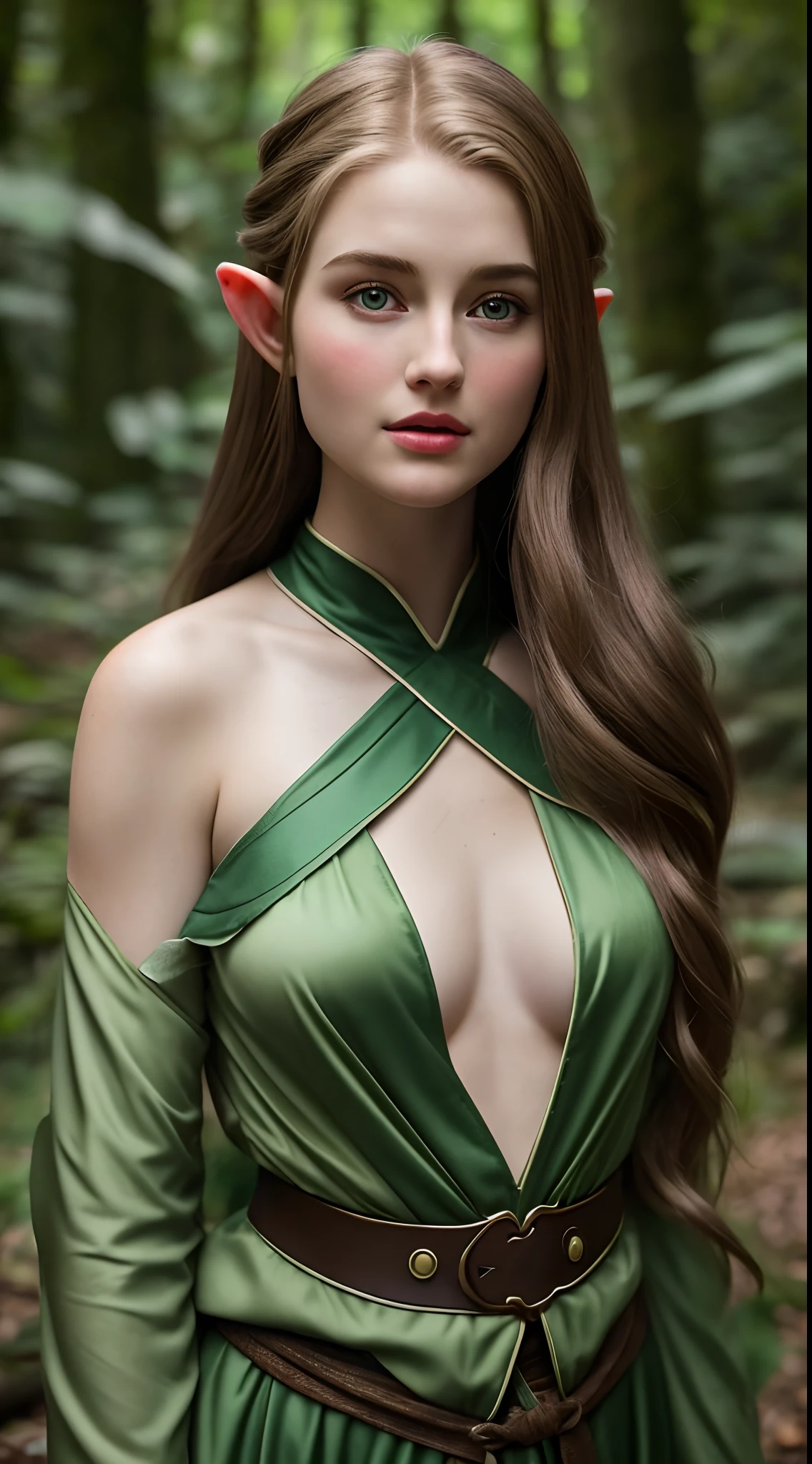 Foto RAW, realistic female elf, looks like Grace Van Patten, beautiful eyes, charming beauty, full body Closeup, magical forest background, into the woods, dense forest, (pele altamente detalhada: 1.2), 8k UHD, DSLR, soft-lighting, alta qualidade, grain of film, Fujifilm XT3