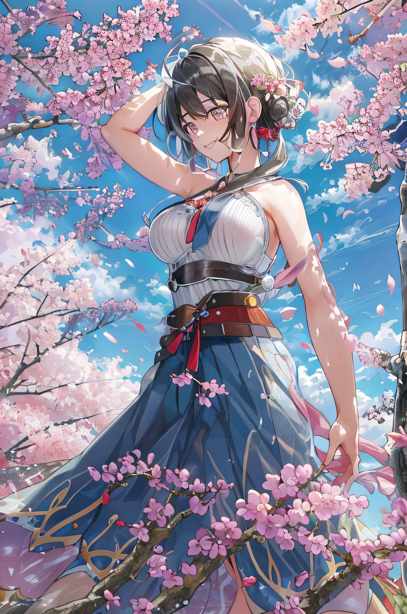 Masterpiece, (Best quality:1.4), Best Illustration, Best shadow, (Beautiful detailed:1.4), finely detailed, (Dramaticlight:0.9), hdr, Ray traching, Intricate details, Cherry blossoms, the cherry trees, (floating sakura), Blue sky, White cloud, 1girll, Solo, Break, (hiryuuchan:1.22), Cowboy shot, Smile, Short hair, (one side up), Medium breasts, (Wind:1.33), hand on own head, Perspective, view the viewer,