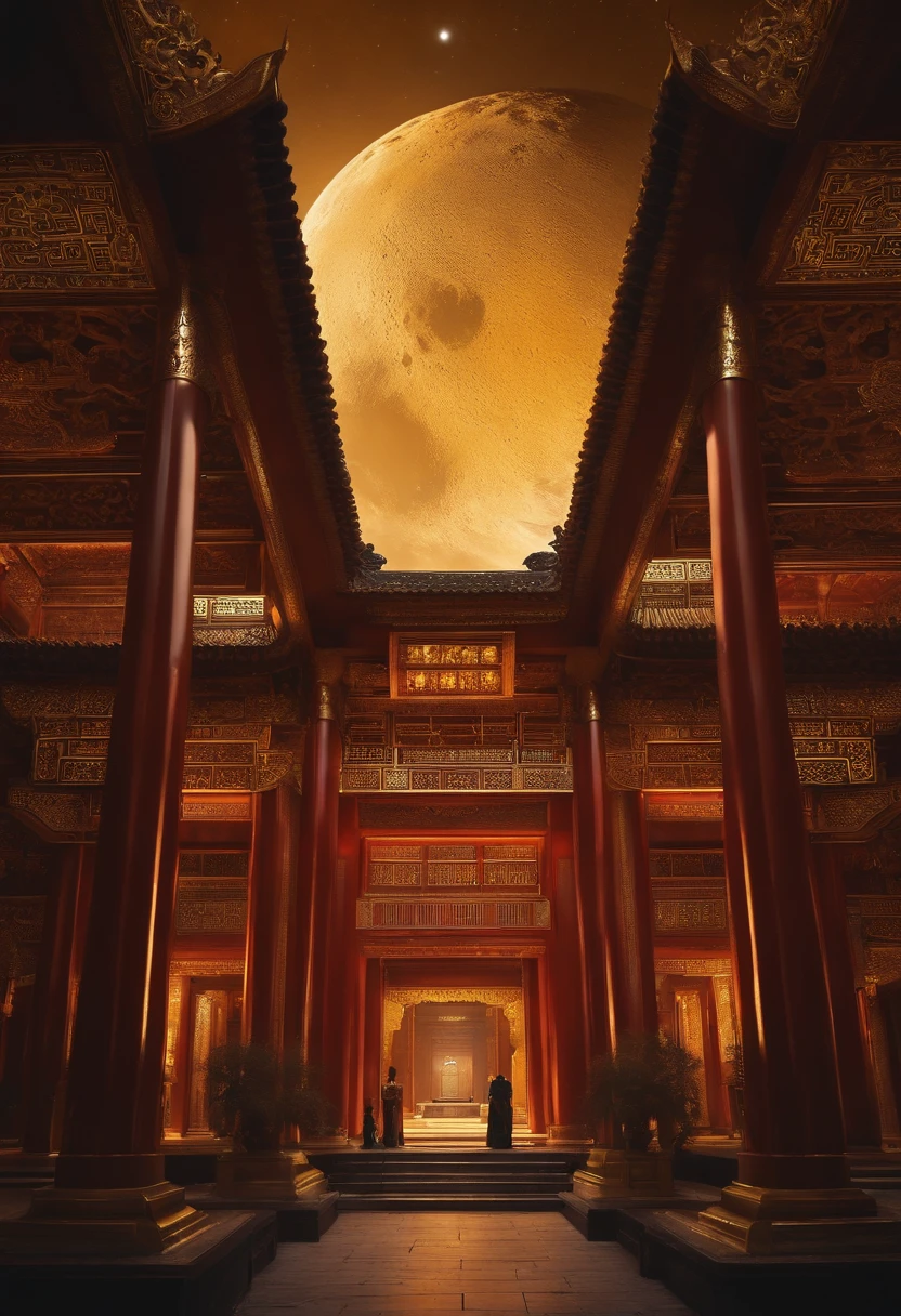 A golden palace on the moon，Chinese style buildings，The astronaut，Face away from the picture，Pitch black sky