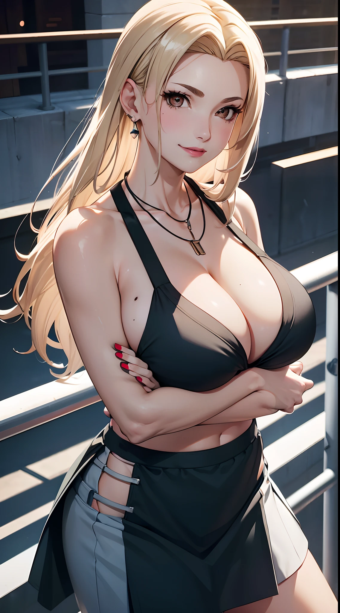 Good anatomy, Masterpiece, Best quality, 4K, 8K, Professional photography, Soft light, Sharp focus, stadio， railing，ladder，crowd of，1 girl, leaning against the railing, eventide，cheerleading，cheer，The breeze blows through，Blonde hair,long  skirt  , stocklings，Flip-flops，Blonde hair, Bank spin-offs, Detailed face+Brown eyes, is playing happily，Laughing heartily, Beauty mole，lipstick, necklace, huge tit，