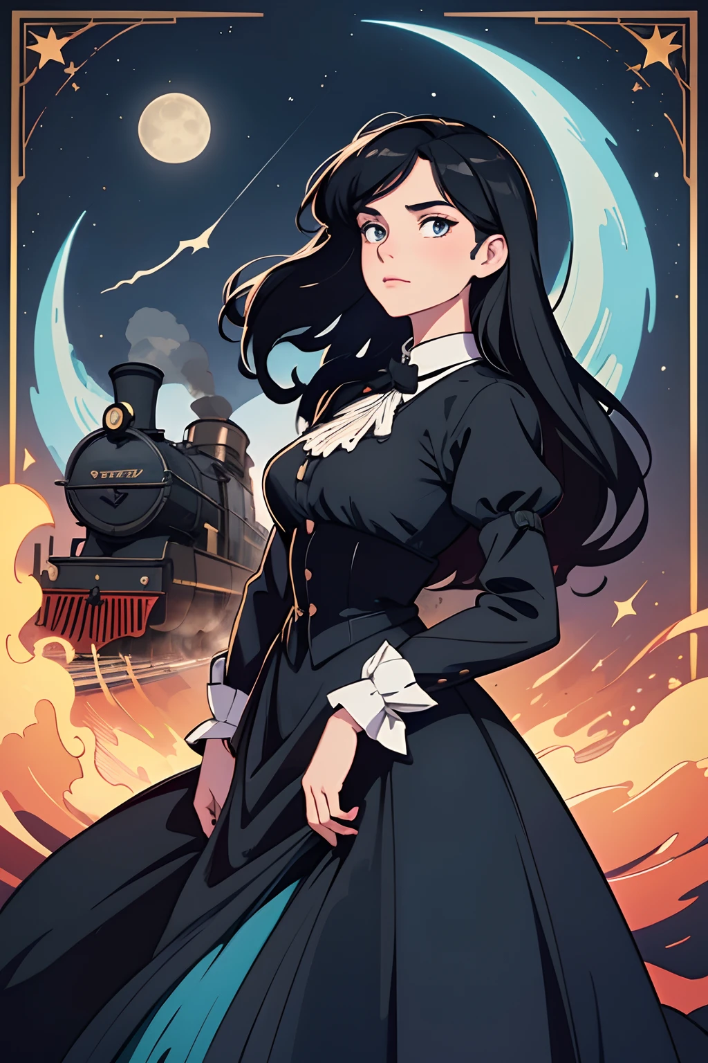beautiful and asethetic, masterpiece, movie poster, best quality, drawing of a of a long black haired woman with a high collared black long sleeved victorian dress dramatic pose in front of a steam train, water and waveshuge moon, celestial, stars, bright colors, abstract, by james jean style, fantastical elements