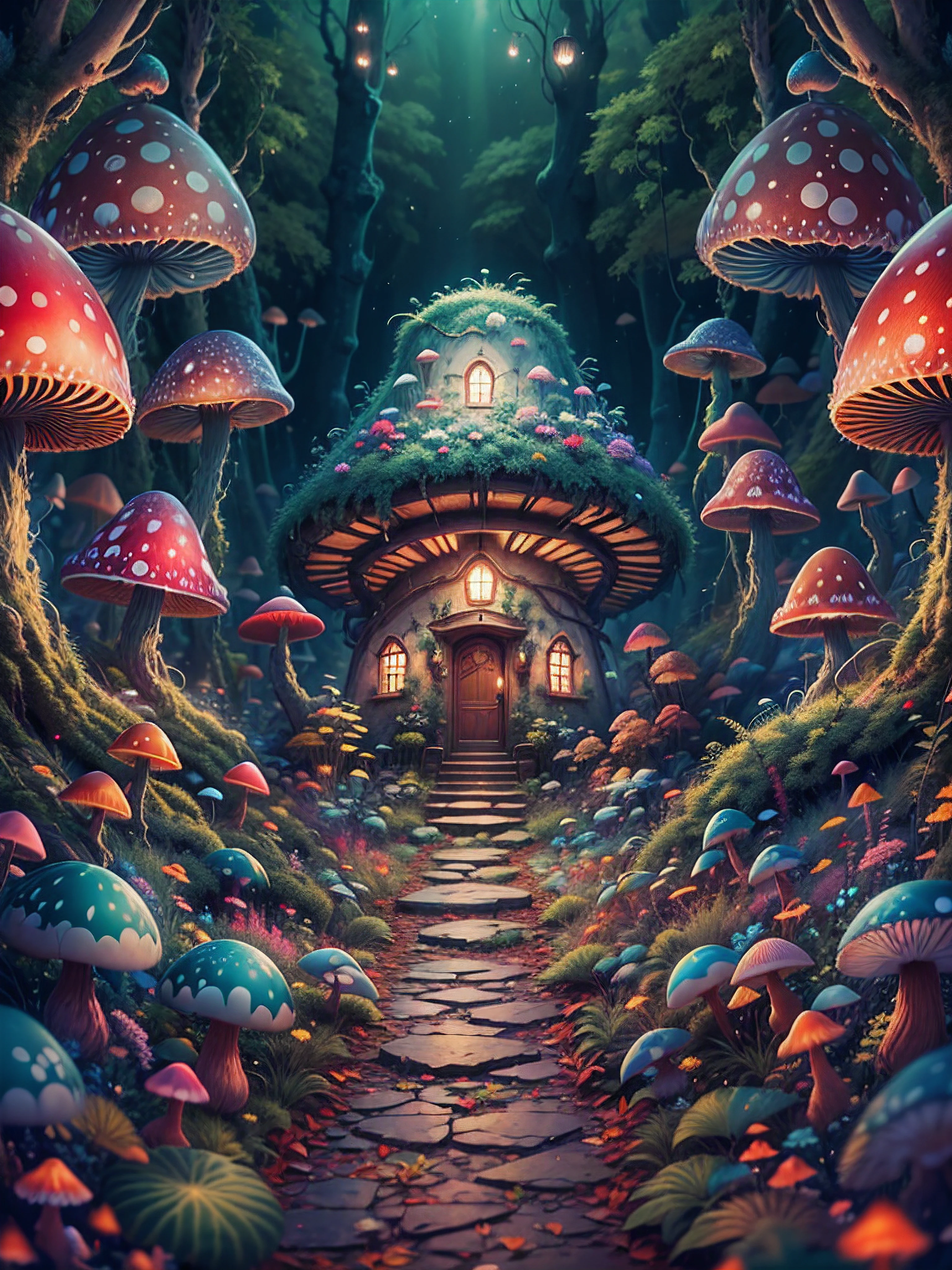 an illustration of the enchanted forest, with tall green trees, small colorful house in a fantasy mushroom in the center, magic, centered, symmetry, painted, intricate, volumetric lighting, beautiful, rich deep colors masterpiece, sharp focus, ultra detailed, astrophotography. The composition is very detailed, 8K, perfect composition., ultra hd, realistic, vivid colors, highly detailed, UHD drawing, pen and ink, perfect composition, beautiful detailed intricate insanely detailed octane render trending on artstation, 8k artistic photography, photorealistic concept art, soft natural volumetric cinematic perfect light