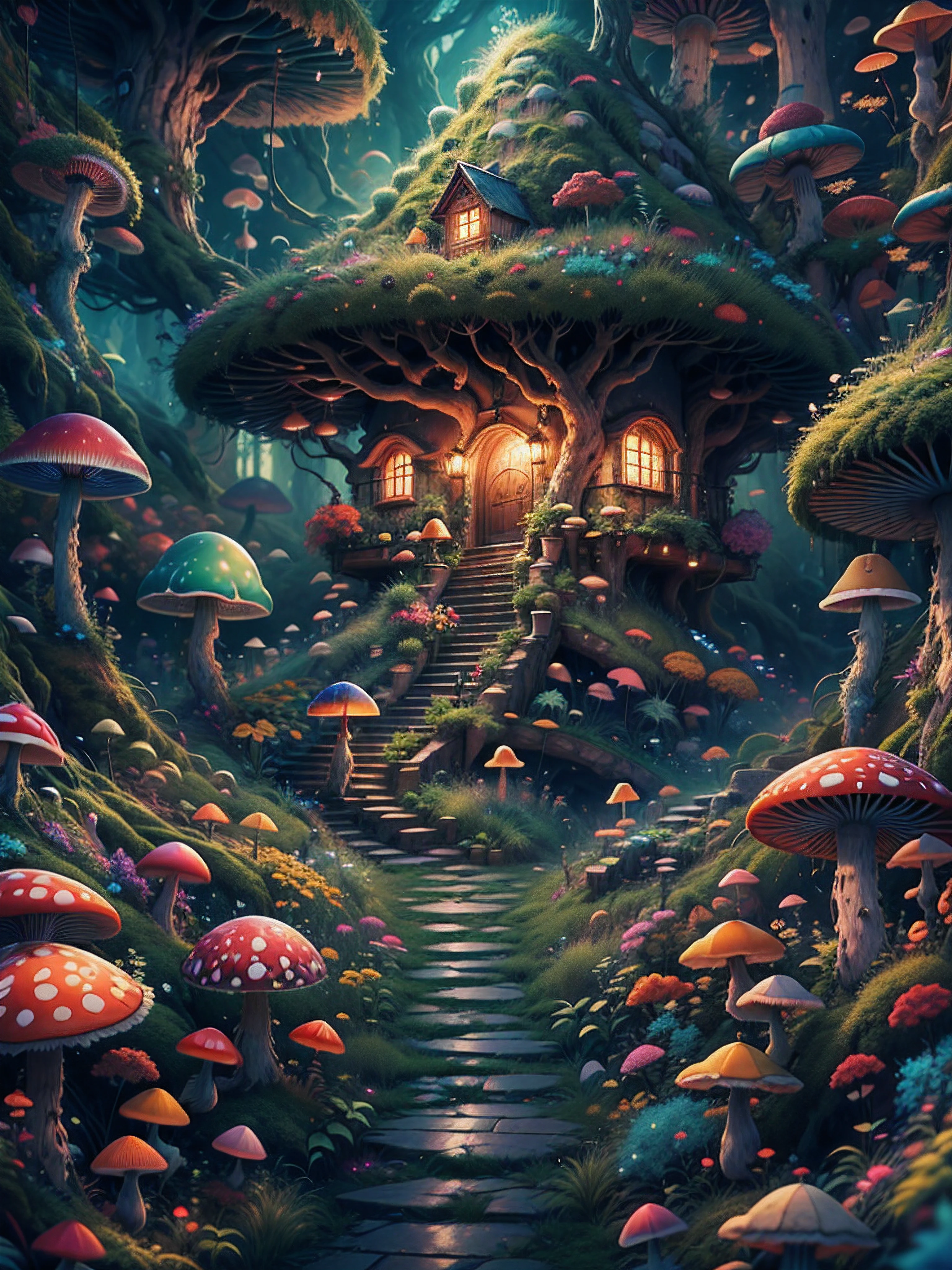 an illustration of the enchanted forest, with tall green trees, small colorful house in a fantasy mushroom in the center, magic, centered, symmetry, painted, intricate, volumetric lighting, beautiful, rich deep colors masterpiece, sharp focus, ultra detailed, astrophotography. The composition is very detailed, 8K, perfect composition., ultra hd, realistic, vivid colors, highly detailed, UHD drawing, pen and ink, perfect composition, beautiful detailed intricate insanely detailed octane render trending on artstation, 8k artistic photography, photorealistic concept art, soft natural volumetric cinematic perfect light