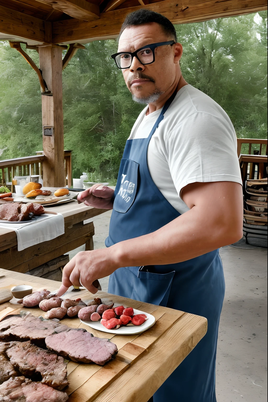 guttonerdvision10, Capture a high-quality advertisement-style photograph of a man wearing glasses while grilling meat on a barbecue. He is on a rustic porch with tables and accessories, dressed in a chef's apron. The scene is set on a sunny day with a pool in the background, intentionally blurred to emphasize the man. Ensure the image is in UHD (Ultra High Definition), ultra-detailed, with intricate details highlighting the scene.