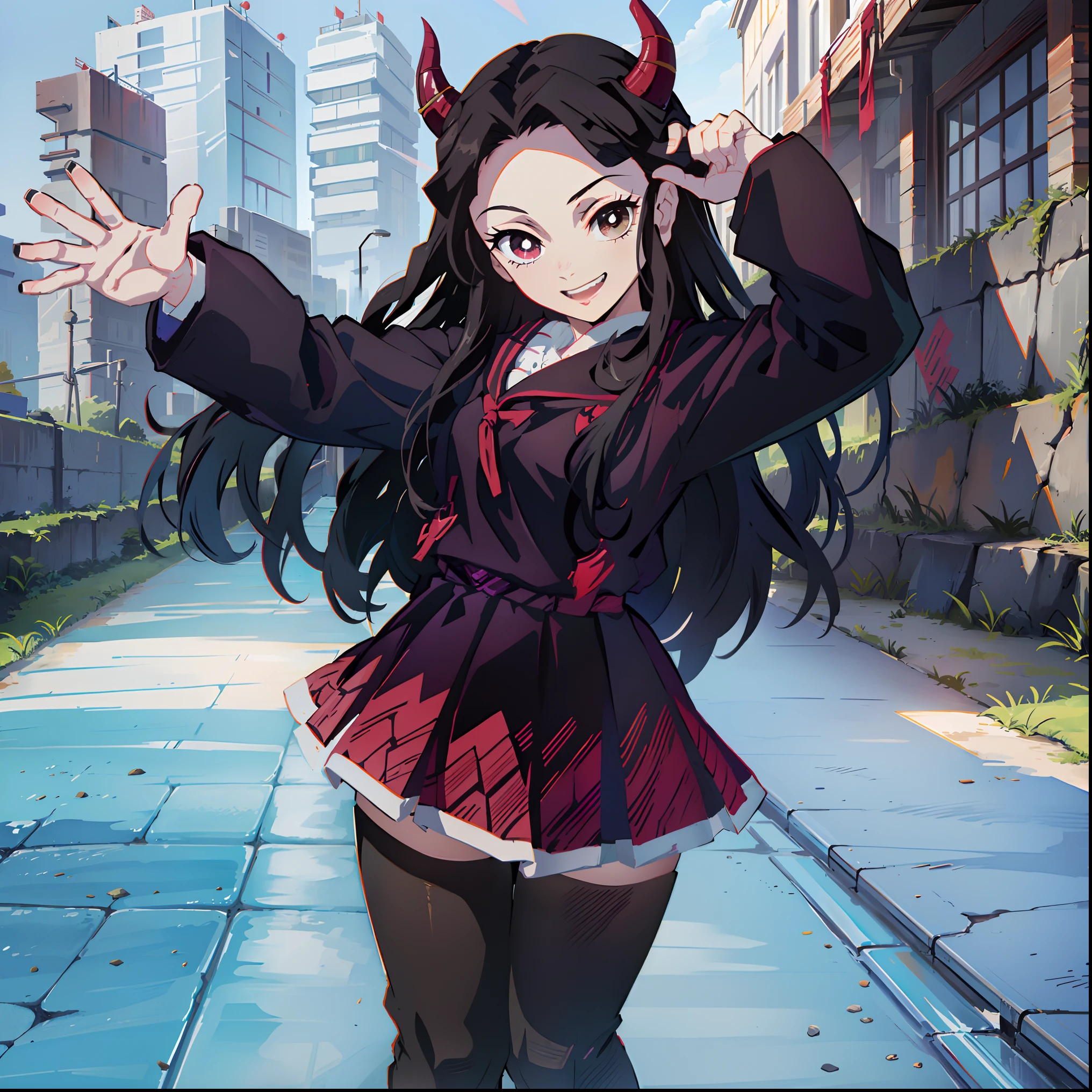 (masterpiece, best quality:1.2), kimetsu no yaiba style, kamado nezuko, (1girl, solo), 18years old, upper body, (sailor suit, school uniform), (black long hair, wave hair), forehead, (red demon horns, red eyes), (evil smile:1.2), long fangs, (waving hand, bye-bye), standing on the dirt road