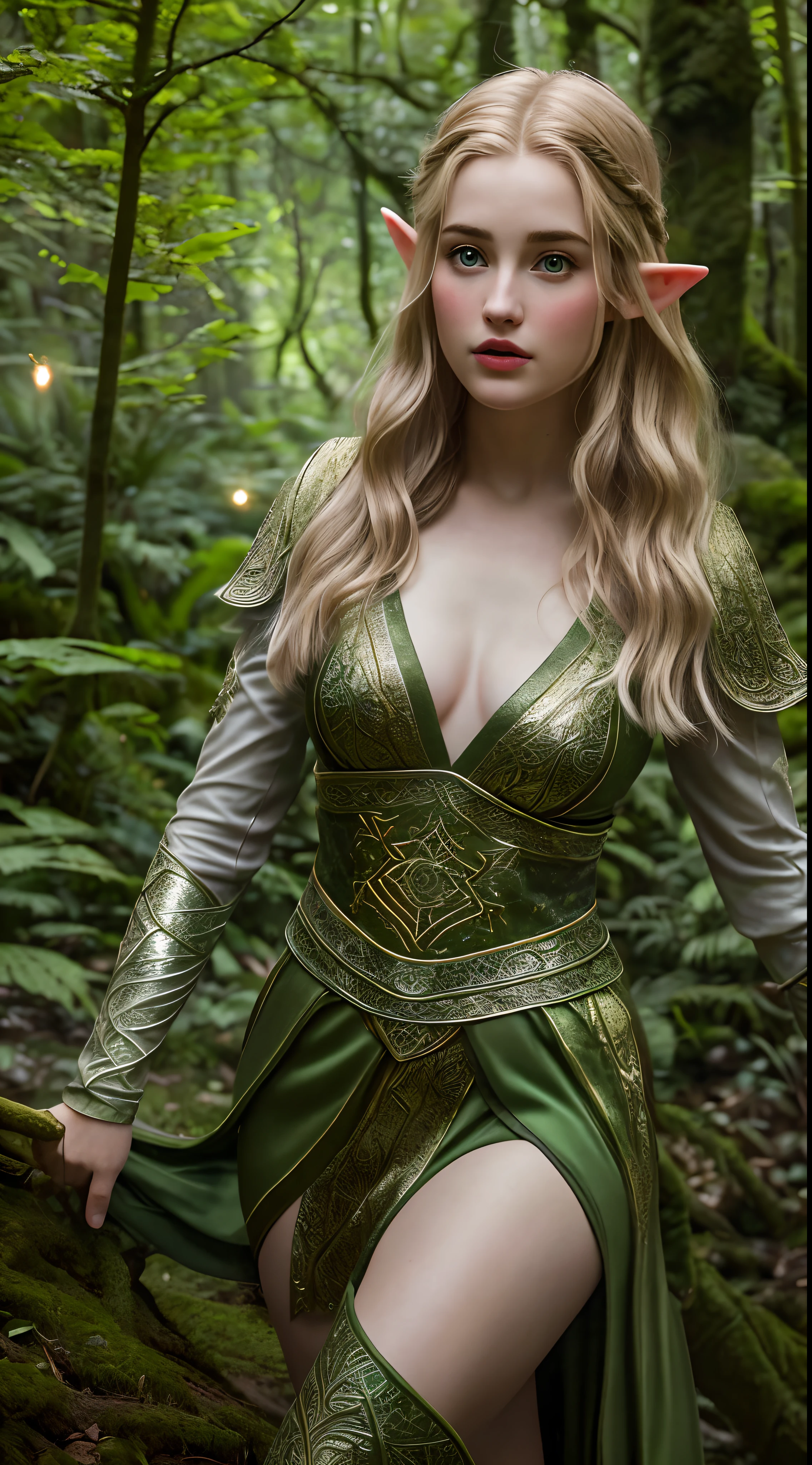 Foto RAW, realistic female elf, looks like Grace Van Patten, beautiful eyes, charming beauty, full body Closeup, magical forest background, into the woods, dense forest, (pele altamente detalhada: 1.2), 8k UHD, DSLR, soft-lighting, alta qualidade, grain of film, Fujifilm XT3