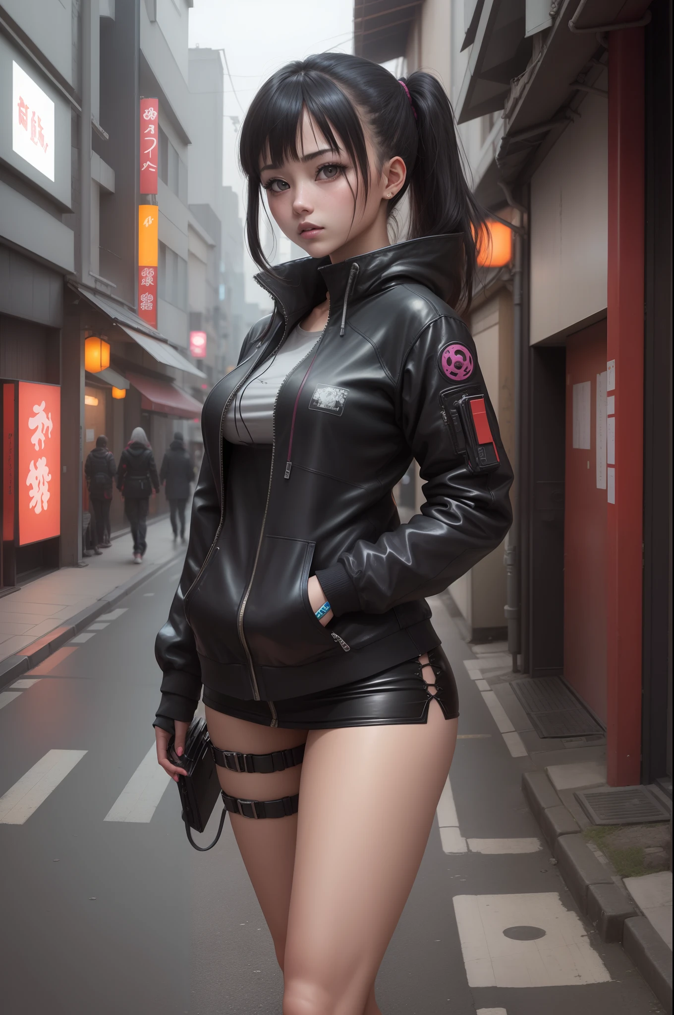 a cyberpunk girl on a street in Japan, alta qualidade, alta nitidez, anatomia perfeita