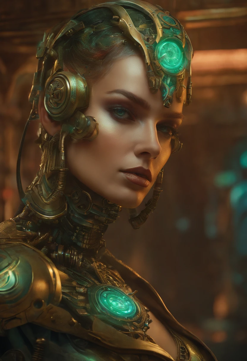 Robot woman tattooed on a cyberpunk background, No estilo de Andrzej Sykut, objetos 3d luminosos, Elizabete Gadd, linhas intrincadas, detailed facial features, Victor Nizovtsev, verde claro e preto claro