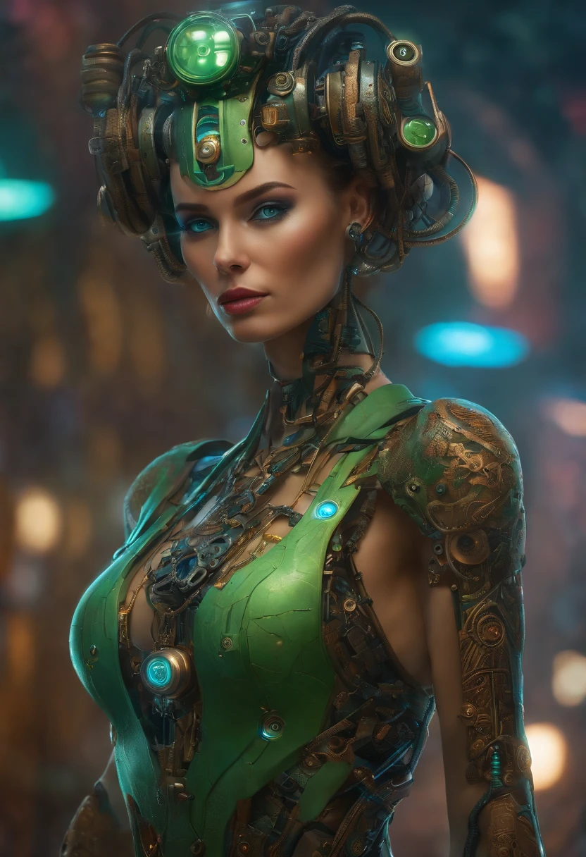 Robot woman tattooed on a cyberpunk background, No estilo de Andrzej Sykut, objetos 3d luminosos, Elizabete Gadd, linhas intrincadas, detailed facial features, Victor Nizovtsev, verde claro e preto claro