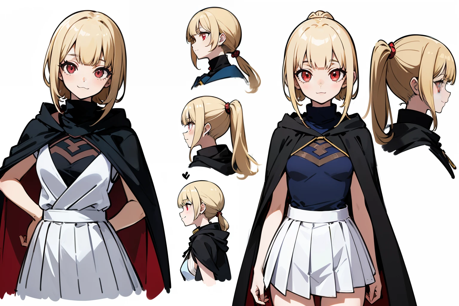 ((masutepiece, Highest quality)), ), ((Anime character design of a girl wearing a dark blue short turtleneck coat)), ((Detailed face)), character sheets, ((full bodyesbian:1.2)), Full of details, Multiple poses and expressions, Highly detailed, Depth, 1girl in, :3, (((Blunt bangs))),((1girl in)), heartthrob, ((Blonde hair)) ,((Pale red eyes)), (((Thin double ponytail hair))),Long hair, ((Black hooded cape:1.2,Short hem:1.2)),(((flatchest))),,((White skirt:1.2)),(((flatchest))),(((White sneakers))), cheerful grin,