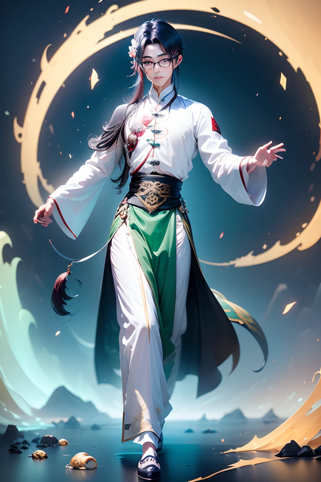 A male character,The incarnation of Shirasawa,Slim and elegant。He has dark green hair,The hair is somewhat scattered and broken,and gentle eyes,The eyebrows reveal wisdom and calmness。The expression is lazy,Silver wire glasses,The white hanfu is gorgeous,Ancient Chinese traditional style,Laid back but gentle and wise,Animated style,A high resolution,Waist bundle yin and yang fish jade sticker,A detailed eye,Animation style,Full body standing painting,Animated CG,High quality 2D anime art style,Manhwa Style