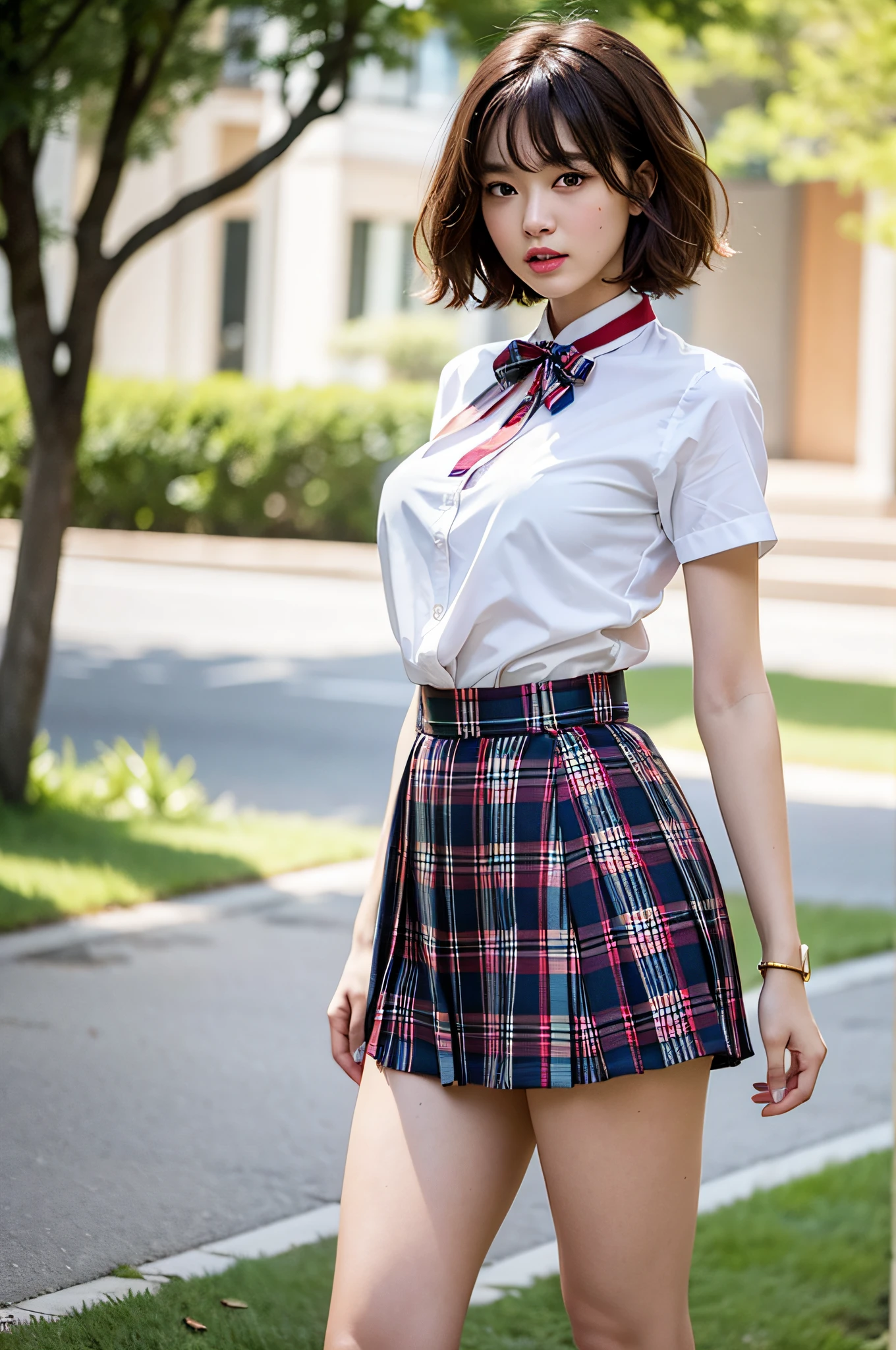 nsfw, 8K Raw photograph, best qualtiy, tmasterpiece, 超高分辨率, filmgrain, cinematic ligh, 1girl, looking at viewert, Natural skin texture, Realistic Eyes and Face Details, full pouty lips, lipsticks, (putting makeup on), Red Eyeshadow, Short fluffy hair, messy hair, ssmile, Keep one's mouth shut, beautifullegs, Tall women, being thin, slim_legs, 独奏, large, Pose with your hips facing you, Superskirt, hindquarters, The shirt, Beautiful natural location, Location of flowers around, (detailedbackground), plaid skirts, white shirt, , Show a little through the shirt, Loafer shoes, vague background, bblurry, halter, tartan, short- sleeved, JK ribbon around the neck, JK ribbon, brown hair, bangle, Eau, By bangs, 校服, jewely, parted lip, cparted lips, From the side Side, pleatedskirt, depth of fields