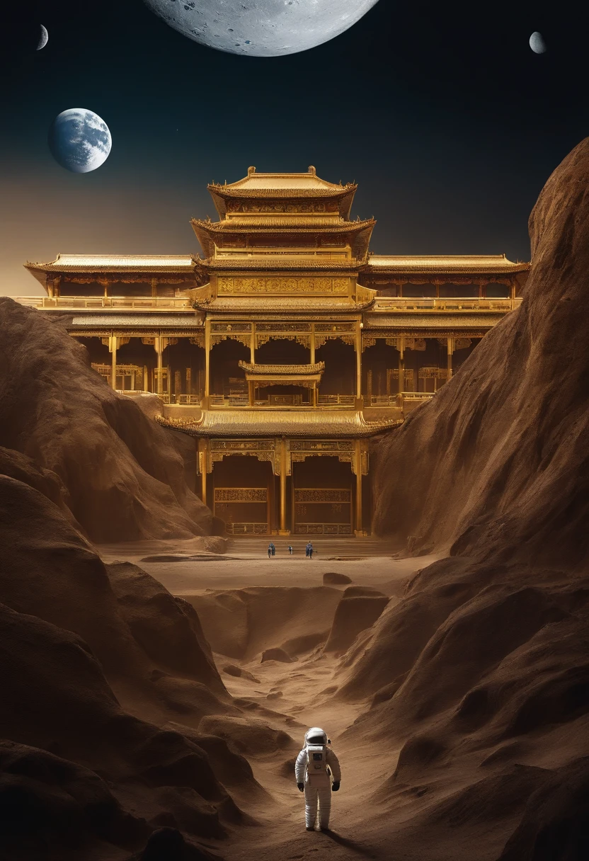 A golden palace on the moon,Chinese style buildings,The astronaut,White spacesuit,Face away from the picture,Pitch black sky,Lunar landforms