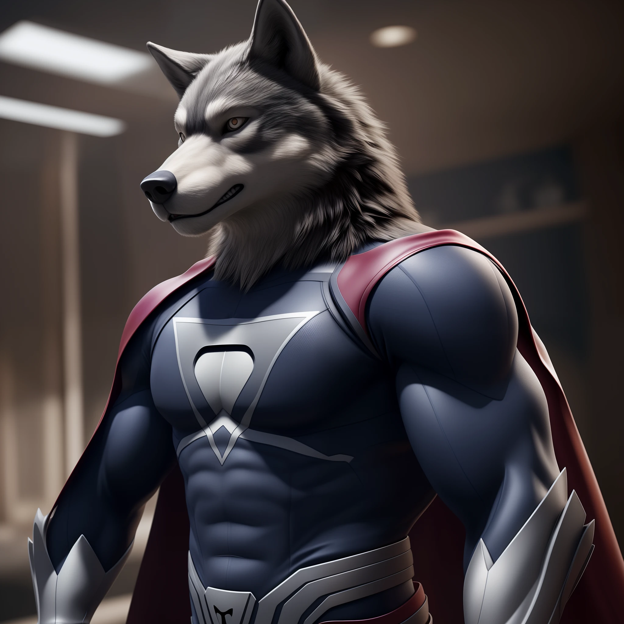 (best quality,ultra realistic:1.2),serious expression,beautiful cosplay of a superhero,3D rendering,Playstation 5 graphics,detailed face,realistic texture,serious wolf,gorgeous costume,superhero outfit