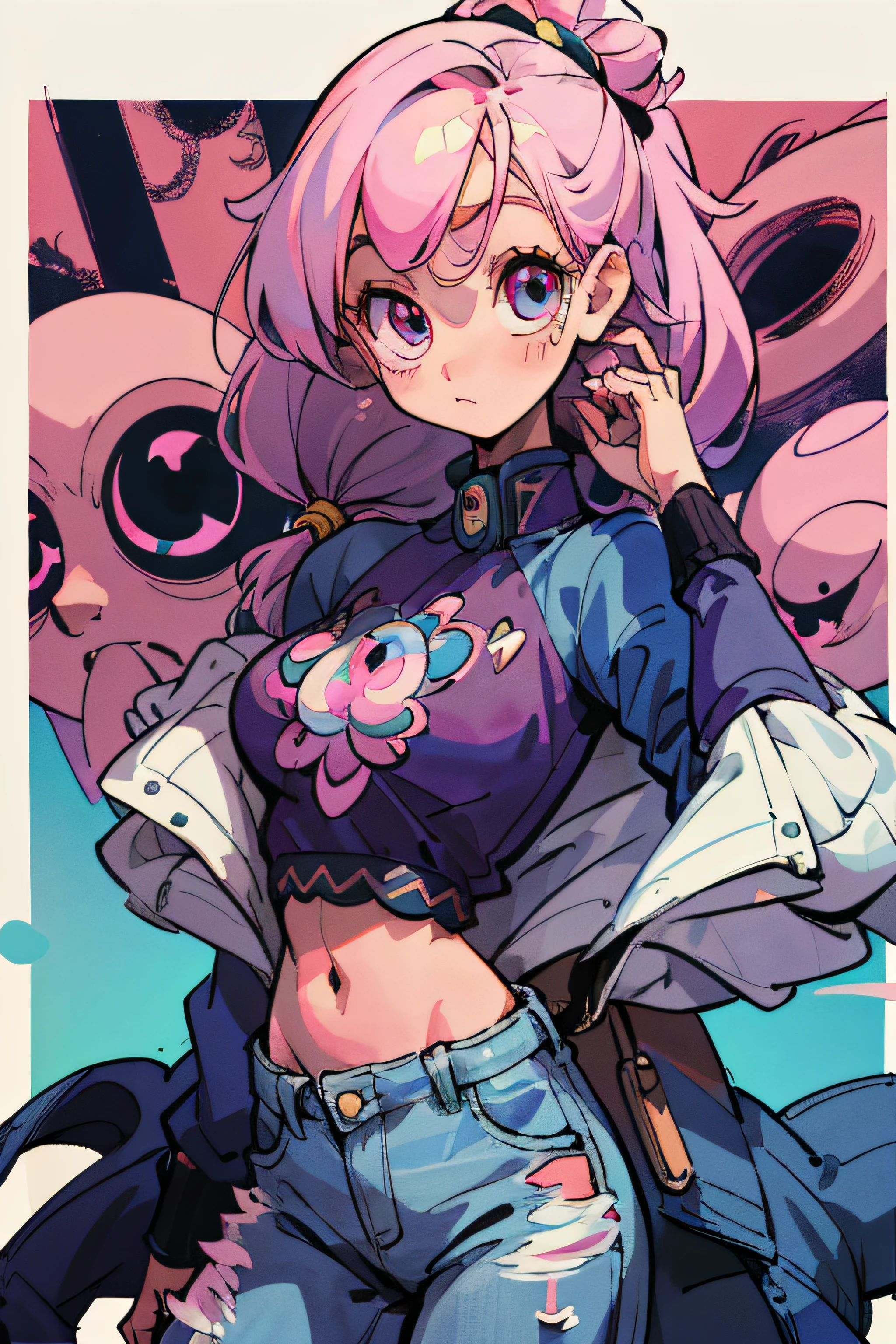 A detailed illustration of a cute girl wearing a jeans jacket, pink long hair, fringe, tan skin, large forehead, big cicular eyes, white skirts, cosmic powers, with a golden moon, style cartoon, colors, two-dimensional, soft lighting, aerial view, isometric style, retro aesthetics, focusing on people, 70s anime style