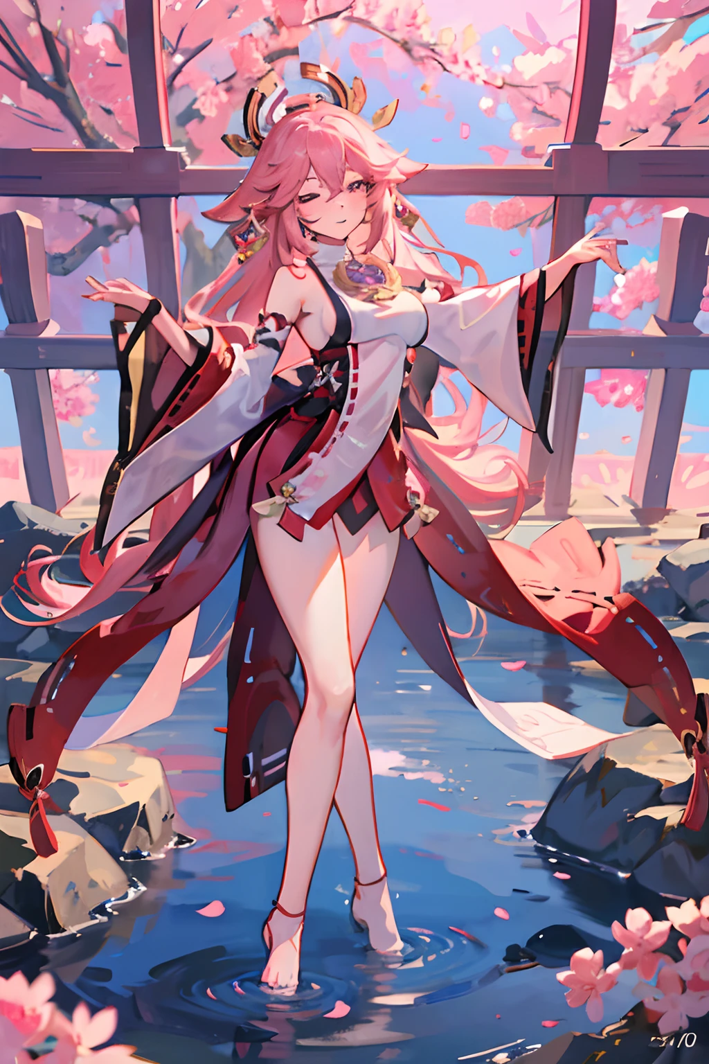 Illustration, UHD, retina, masterpiece, accurate, anatomically correct, super detail, high details, high quality, award winning, best quality, highres, good anatomy, 1080P, HD, 4K, 8k, 16k, 1girl, dynamic pose, androgynous, full body, detailed eyes, detailed clothes, detailed hair, rendering, strands of hair, cute waifu, yae miko, side boob window, looking at viewer, hands behind back, eyes closed, smiling, standing in pink grass, sunset, sakura trees, blurry sakura leafs forground, water, bare legs
