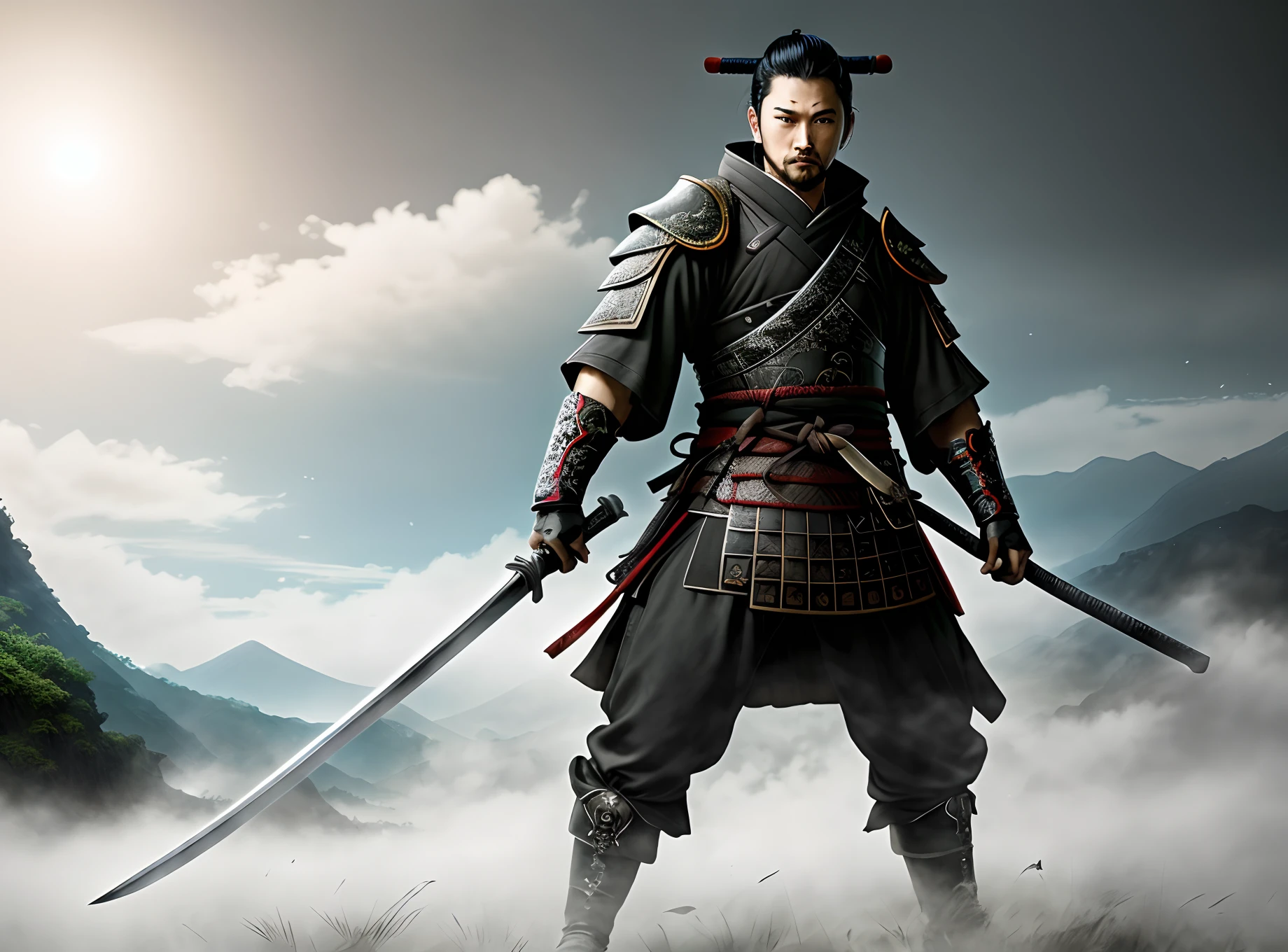 Image of a man with a sword and sword in his hand, The Ghost of Tsushima, inspired by Kanō Hōgai, inspired by Yoshihiko Wada, ronin, Hachette, Wandering samurai man, As a samurai, Inspired by Kanō Sansetsu, Samurai warrior, Samurai style, samurai, Kabuto, Japanese demon mask, Realistic style, 8k, ultra HD