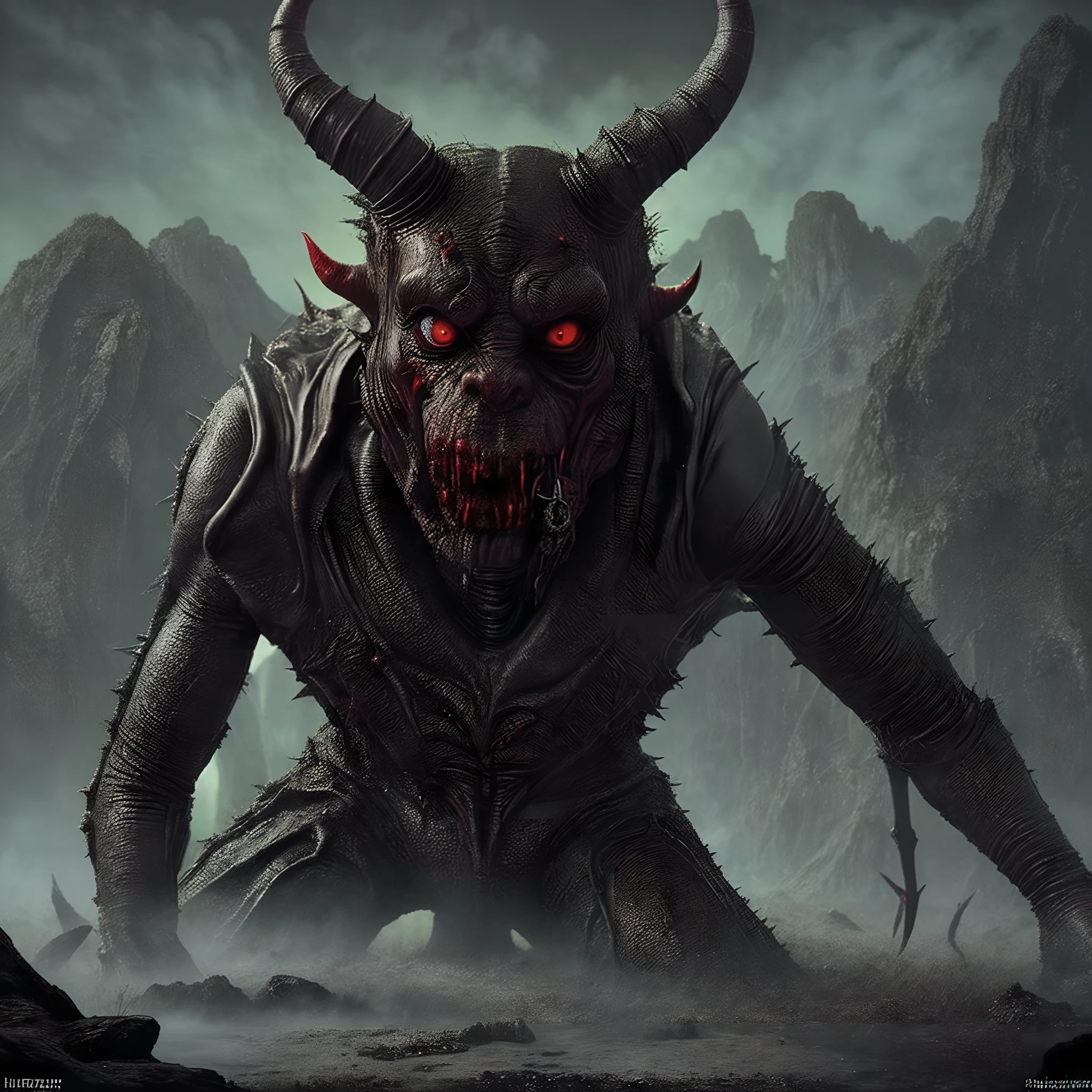 Close-up of a demonic creature with red eyes and large horns, Nanotech Demonic monster Horror, demonic creature, Gruselige Kreatur, Gruselige Kreaturen, Demonic monster, Sci-Fi-Horror-Artwork, Horror Fantasy Kunst, Detailliertes 4K-Horror-Artwork, Gruselige Kreaturen im Hintergrund, Hyperrealistisches Fantasy-Monster, Fantasy Horror Kunst, An ominous fantasy illustration, gruselige Mutantenfleischkreatur, Furchteinflößendes Monster