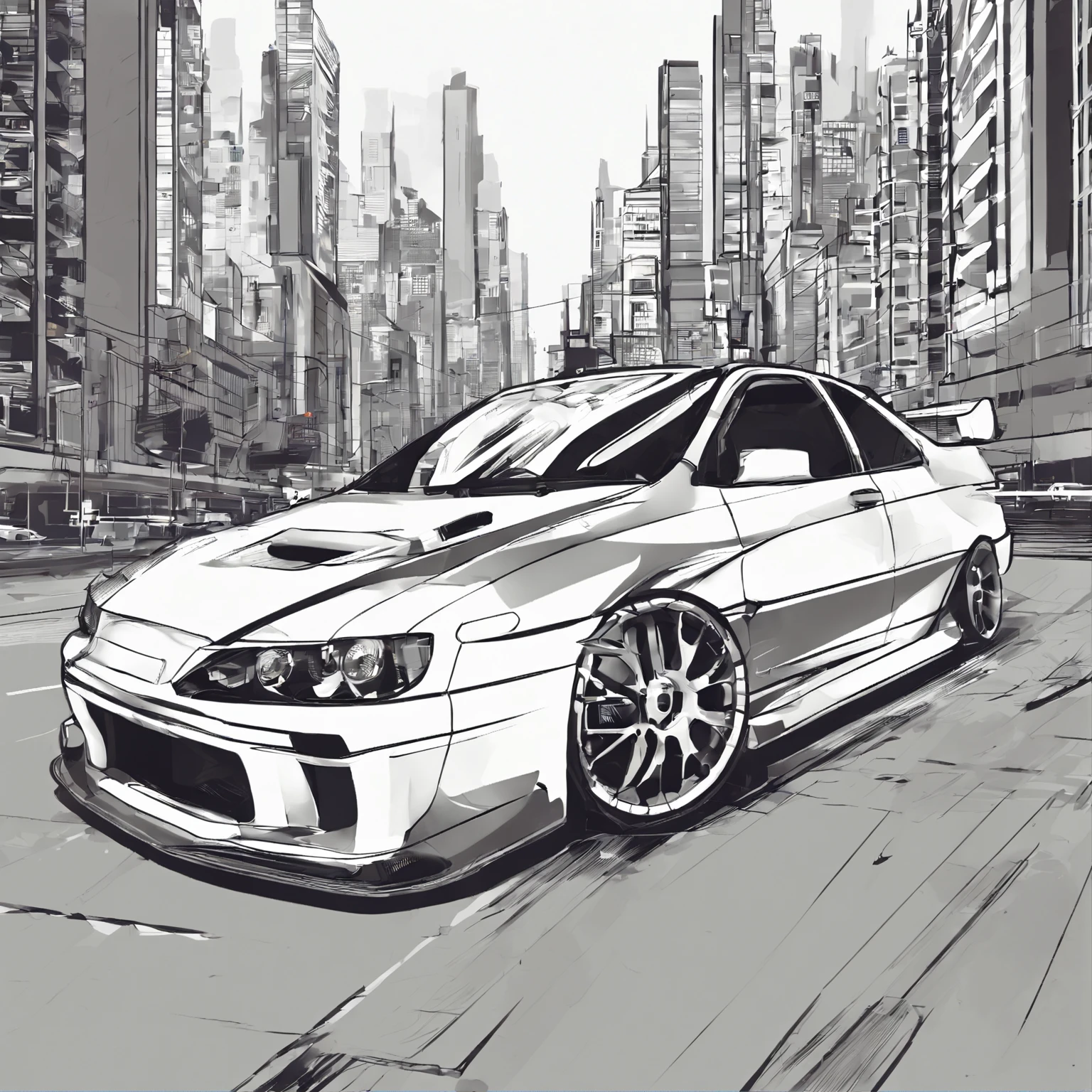 Design for t-shirt, flat design, Evo 9 car drifting on city streets, professional shooting, city background, white background, lineart, simple background, realistic car, vector art, 2d, design for Adobe illustrator