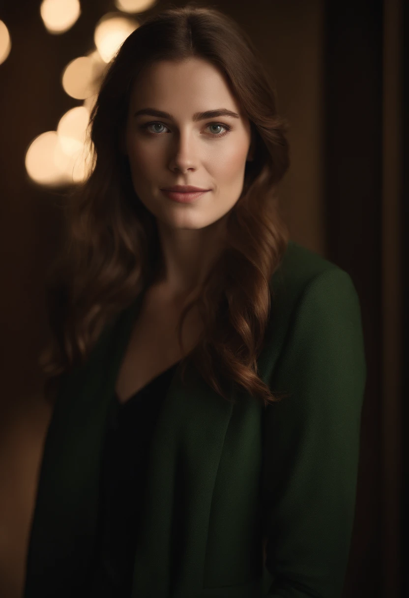 Laura is a young woman of approximately 25 years old, with long brown hair that cascades down her shoulders. Her eyes are a deep green, which seem to glow when she is emotional. She has a warm smile and a delicate face, with soft freckles scattered across her nose.
She is tall, with an elegant and graceful stature, with black shoes