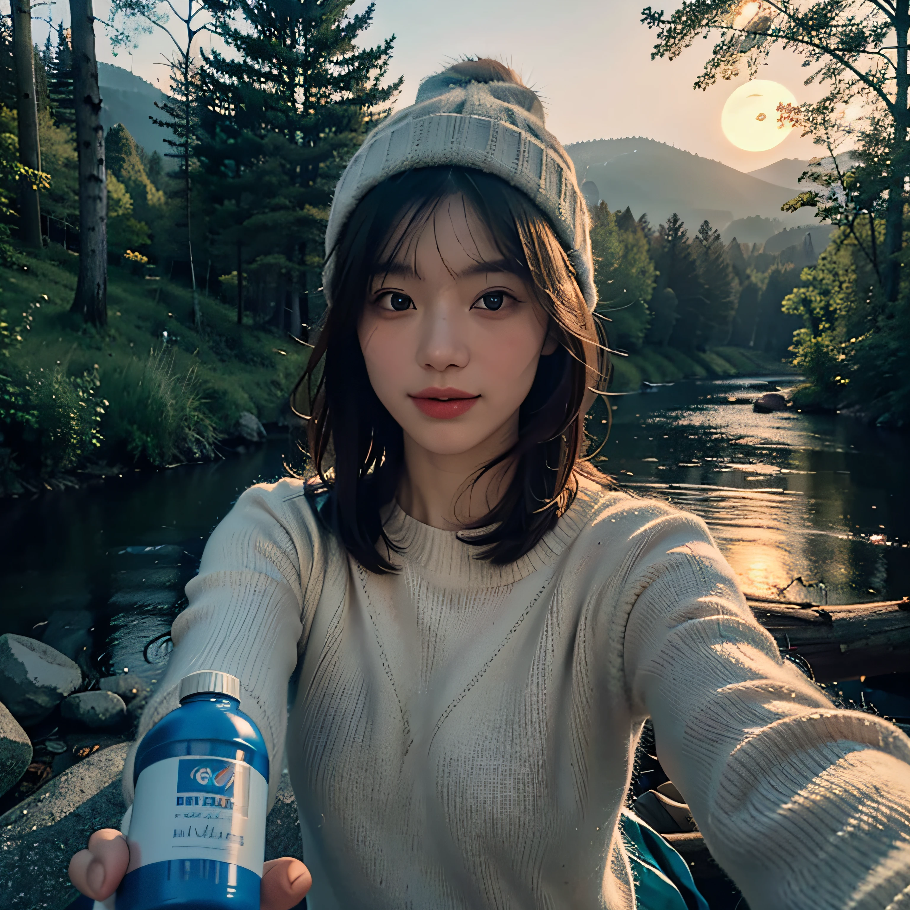 1 woman((Upper body selfie, Happy)), masutepiece, Best Quality, Ultra-detailed, Solo, Outdoors, (Night), mountainscape, Nature, (Stars, Moon) Cheerful, Happy, backpack, sleeping bag, Camping stove, water bottle, Mountain boots, gloves, Sweaters, hat, flash lights, forest, boulders, River, Wood, Smoke, shadowy, Contrasty, crystal clear skies, analog style (look at viewr:1.2) (Skin Texture) (Film grain:1.3), (warm hue, warm tone)