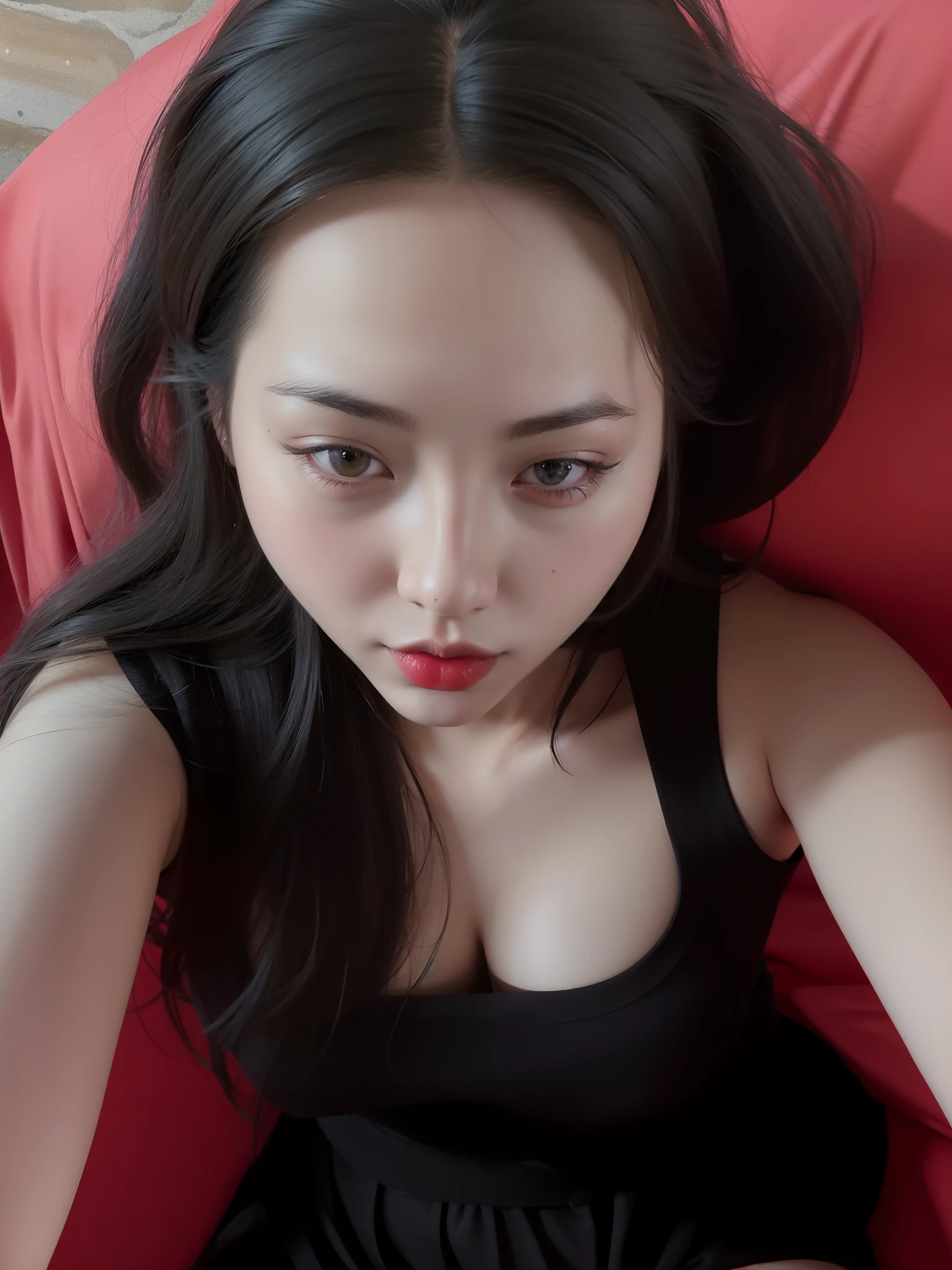 araffed woman with long black hair sitting on a red pillow, 1 8 yo, 2 , thick red lips, 2 8 years old old, 2 3 yearsips, 21 years os old, 2 9 years old, thick lips, very low quality, c goth girl, faint red lips
