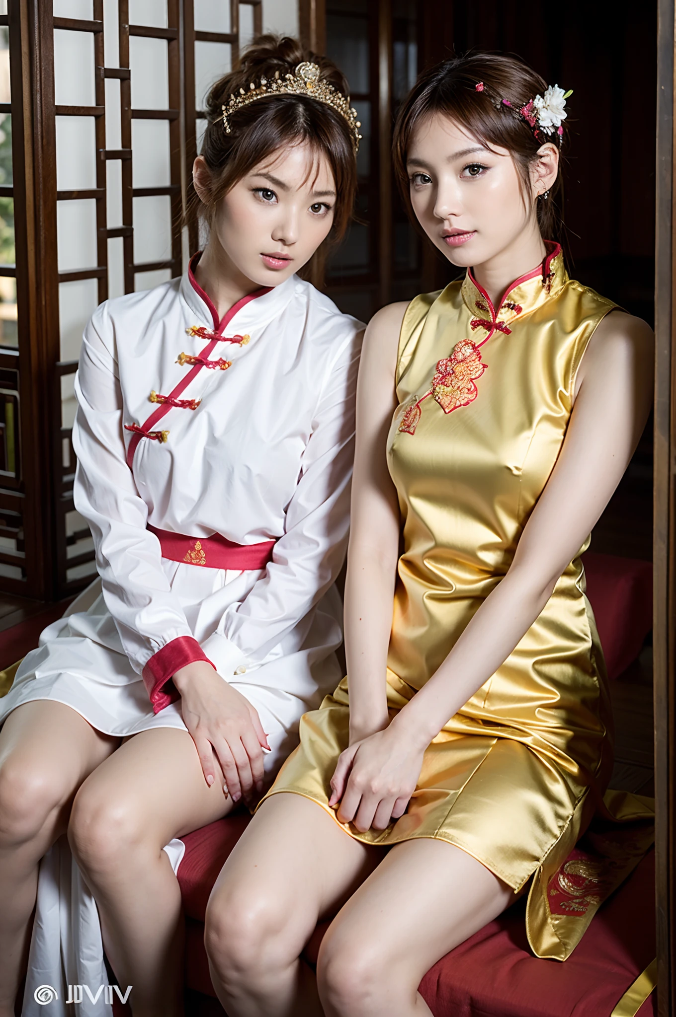 a couple of lesbians sitting together,leering:1.4,Taoist,single hair bun,(An ancient Chinese hairstick on her head:1.5),Use mahogany hairpins,(Revealing a translucent cheongsam),(Urzang-6500-V1.3,PureFace_V1,Octane rendering),Elegant Pose,xxmix girl woman,Perfect composition golden ratio,The proportions are the same for all races, All faces and pictures must be different, use all spectre of your different emotions from happiness to anger, Masterpiece, Best quality, 4K, Sharp focus. better hands, Perfect anatomy.