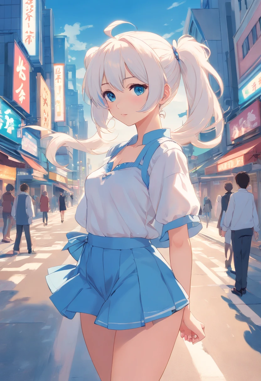 White color hair，Double ponytail curls，blue color eyes，White Lolita，Beth，A bustling city street,huge tit，Long legs，Ultra-clear image quality，teens girl