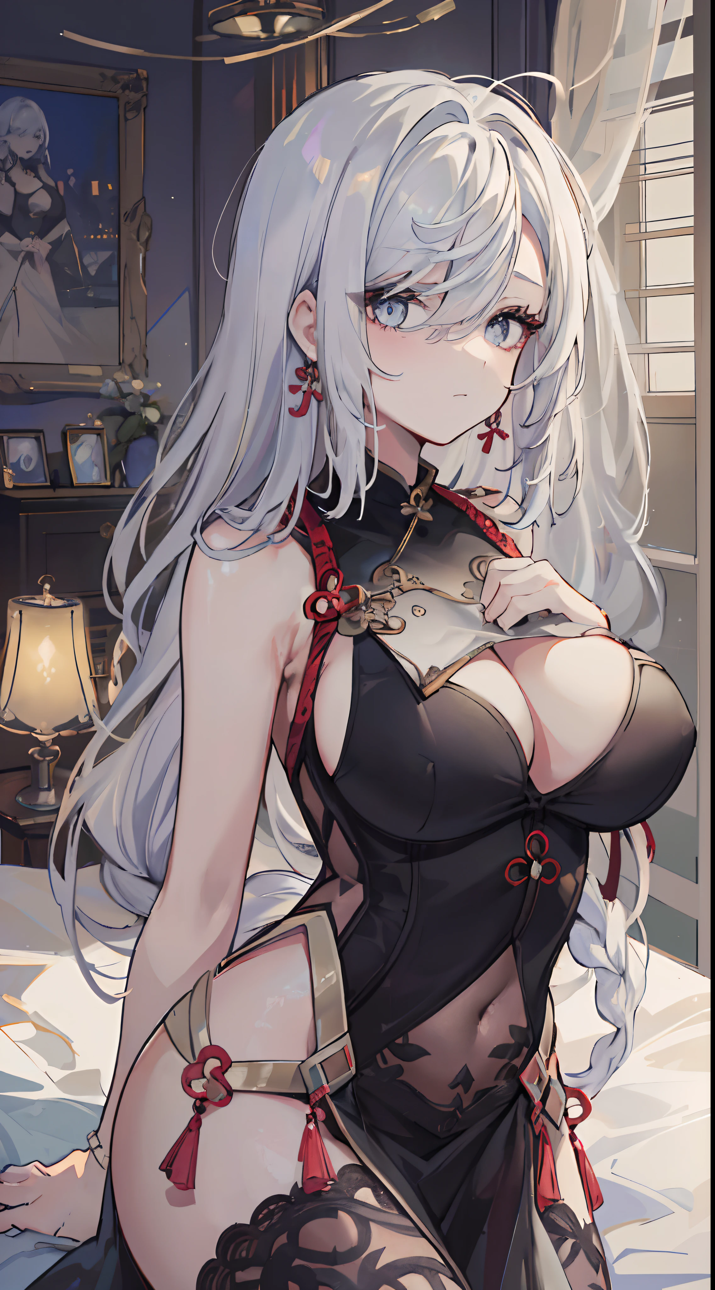 ((beautiful lighting, Best quality, 8K, Masterpiece: 1.3)), 1girl, Perfect body beauty, ((white hair)), ((black dress: 1.4)), (Indoor , night: 1.1), sexy pose (lie on the bed), Super Fine Face, Fine Eyes, naughty look