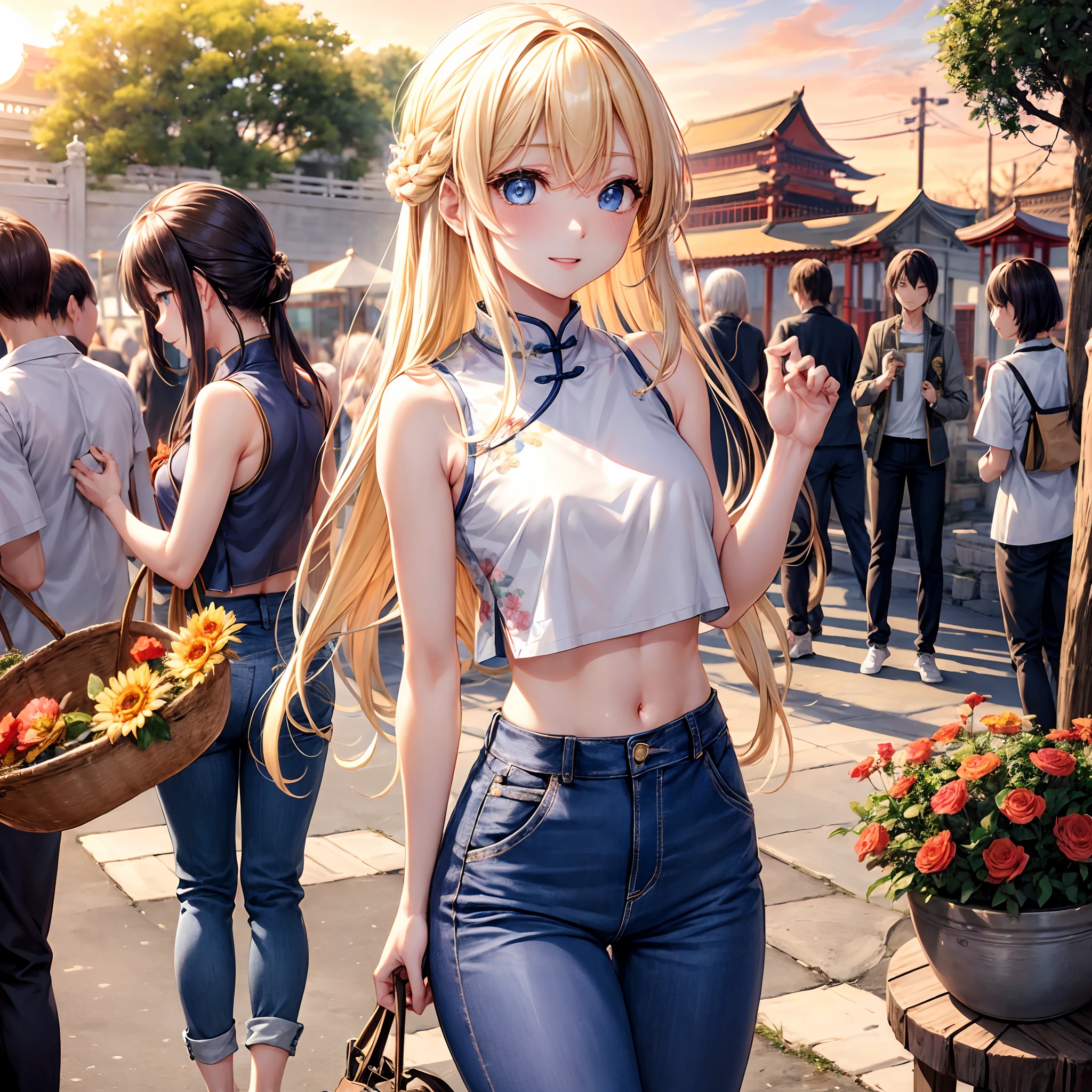 realisticlying、女の子 1 人、a blond、Long、Blue eyes、radiant eyes、croptop、skinny pants、active、China、the setting sun、florals、suns