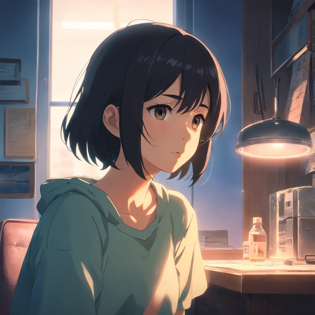 Masterpiece, Best quality, cinematic Film still from, 1 adolescent female, frontage, Black hair, room interior,The background of the details, Bright, Dark and eerie environment,A ray of light
