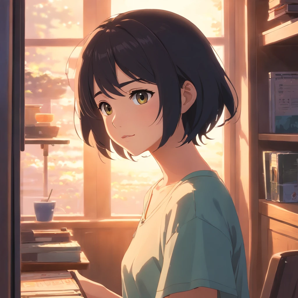 Masterpiece, Best quality, cinematic Film still from, 1 adolescent female, frontage, Black hair, room interior,The background of the details, Bright, Dark and eerie environment,A ray of light