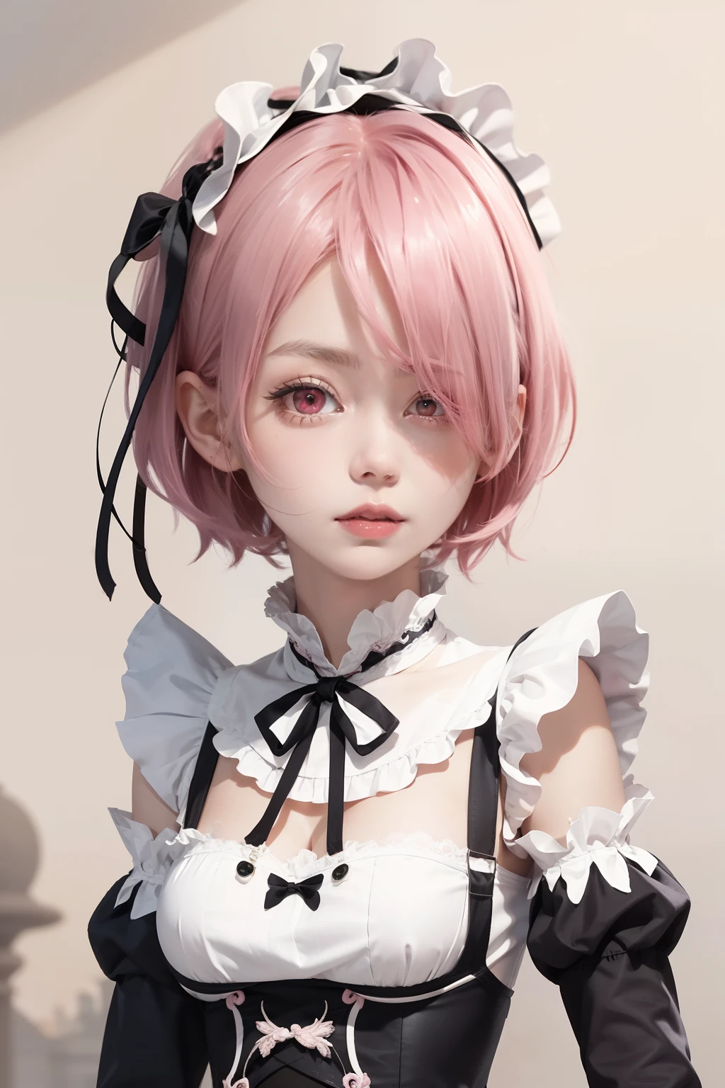 1girl, red eyes, medium breasts, pink hair, short hair, roswaal_mansion_maid_uniform, apron, white thighhighs, garter straps, standing, upper body