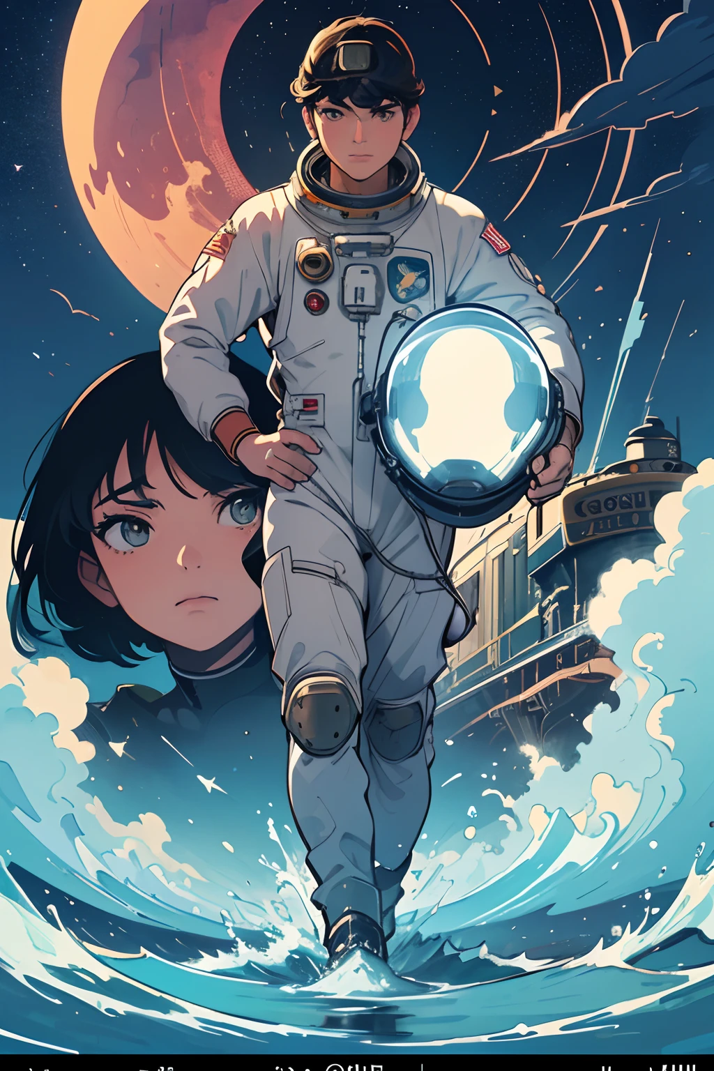 beautiful and asethetic, masterpiece, movie poster, best quality, drawing of a of a astronaut wearing a retro astronaut suit with large helmet dramatic pose in front of a steam train, old train water and waveshuge moon, celestial, stars, bright colors, abstract, by james jean style, fantastical elements