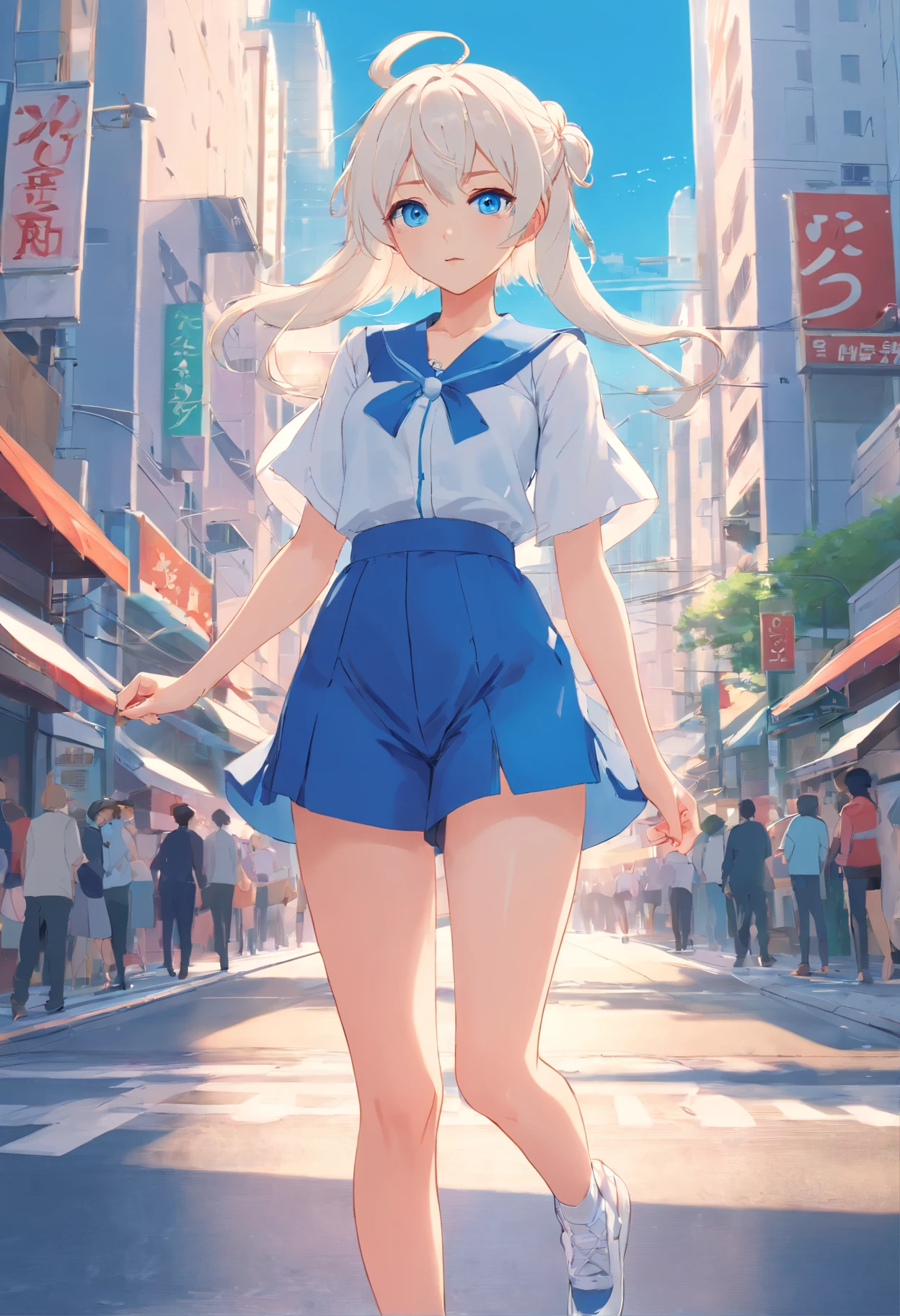 White color hair,Double ponytail curls,blue color eyes,White Lolita,Beth,A bustling city street,huge tit,Long legs,Ultra-clear image quality,teens girl