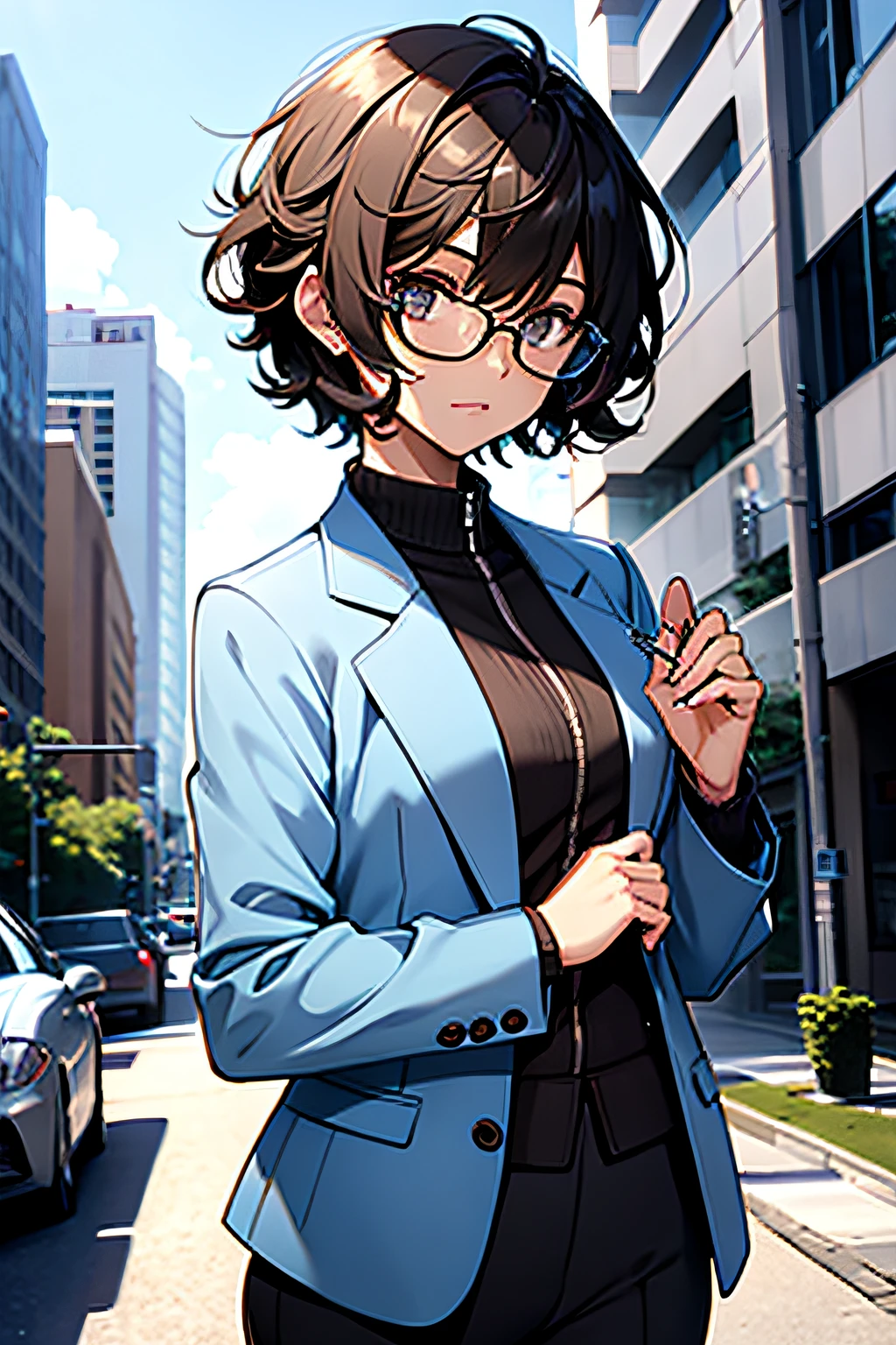 Black Short Curly Hair, Blue Glasses, Brown Eyes, Light Blue Suit, Solo