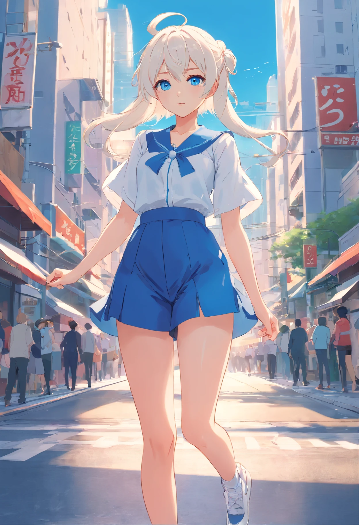 White color hair，Double ponytail curls，blue color eyes，White Lolita，Beth，A bustling city street,huge tit，Long legs，Ultra-clear image quality，teens girl